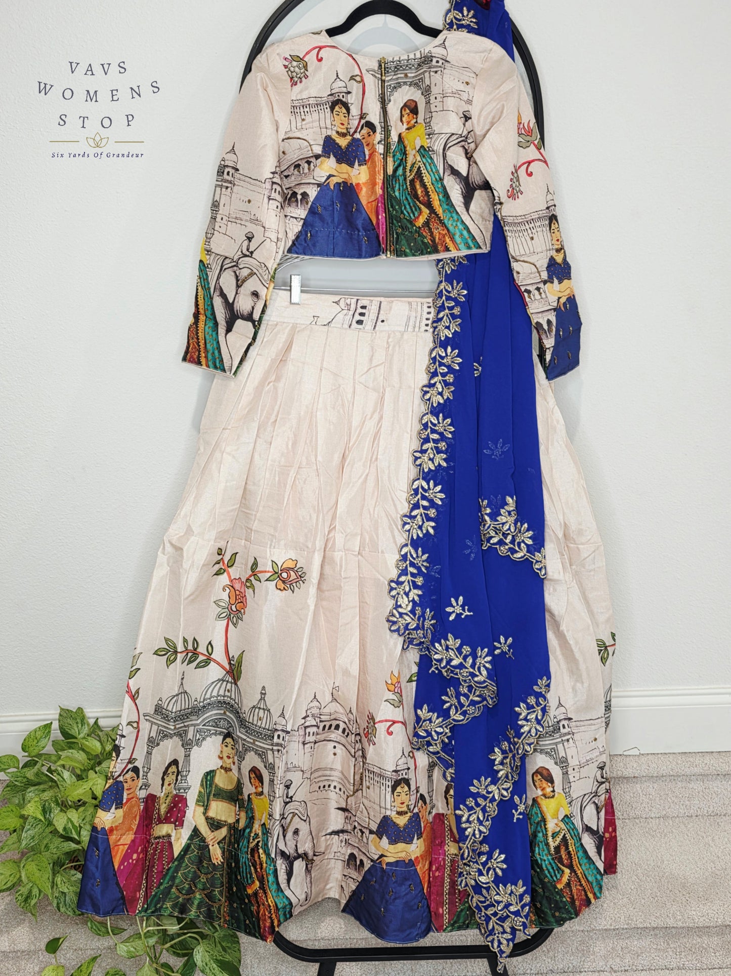 Royal Ivory Pearl Designer Tussar Silk Cotton Lehenga Set with Royal Sapphire Embroidered Dupatta