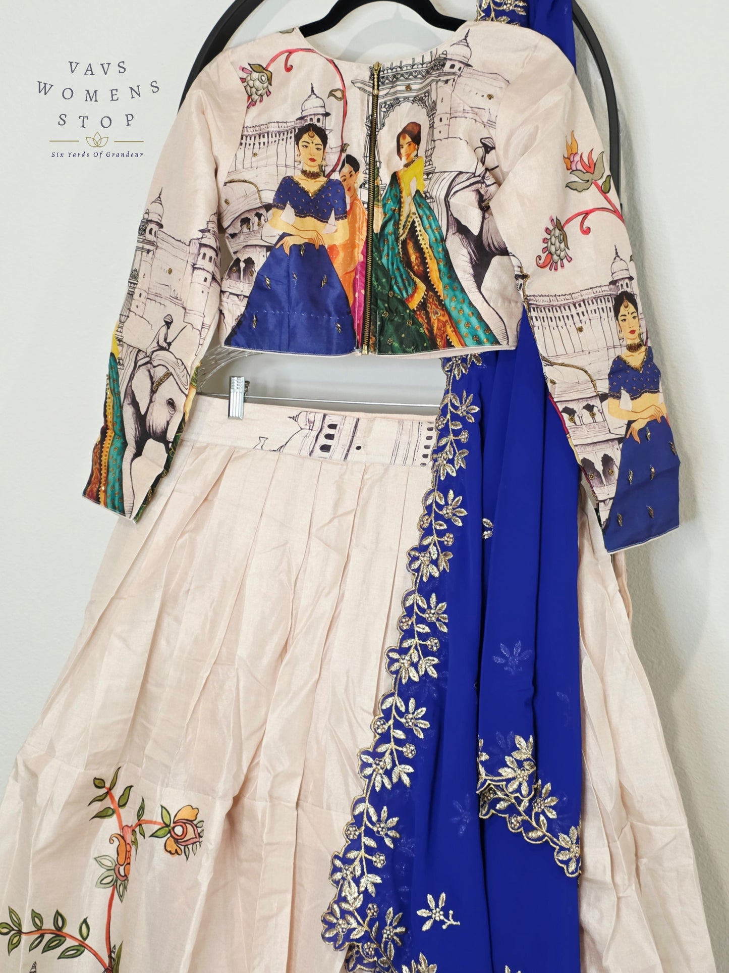Royal Ivory Pearl Designer Tussar Silk Cotton Lehenga Set with Royal Sapphire Embroidered Dupatta