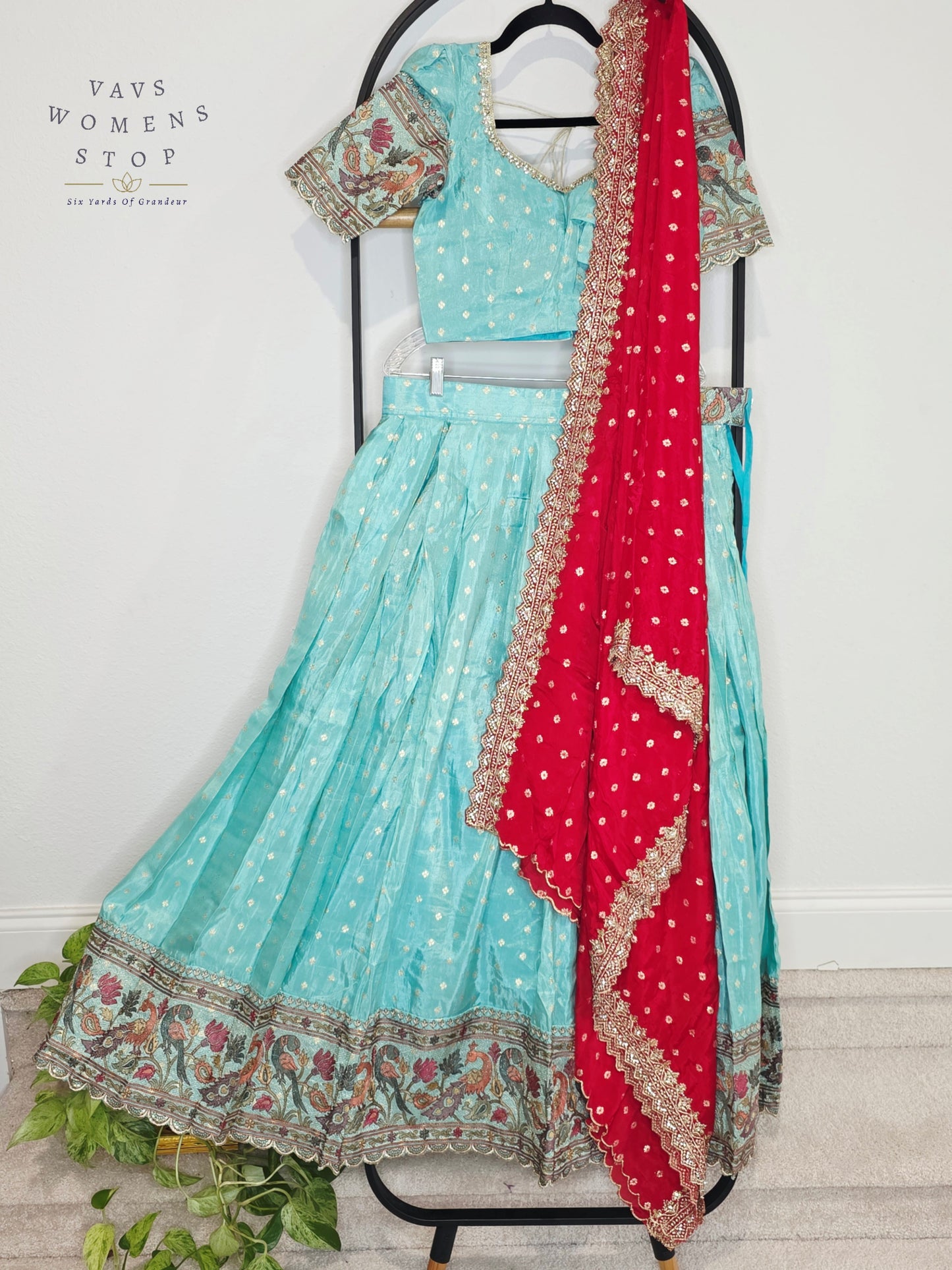 Royal Aqua Mist Munga Crepe Silk Tissue Half Saree Set with Ruby Crimson Chinon Chiffon Cutwork Dupatta | Size 34-40