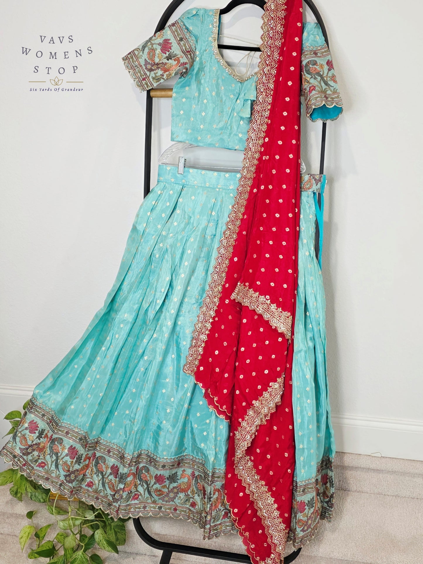 Royal Aqua Mist Munga Crepe Silk Tissue Half Saree Set with Ruby Crimson Chinon Chiffon Cutwork Dupatta | Size 34-40