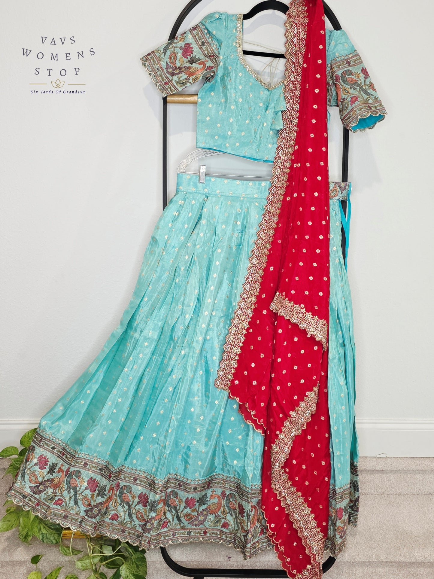 Royal Aqua Mist Munga Crepe Silk Tissue Half Saree Set with Ruby Crimson Chinon Chiffon Cutwork Dupatta | Size 34-40