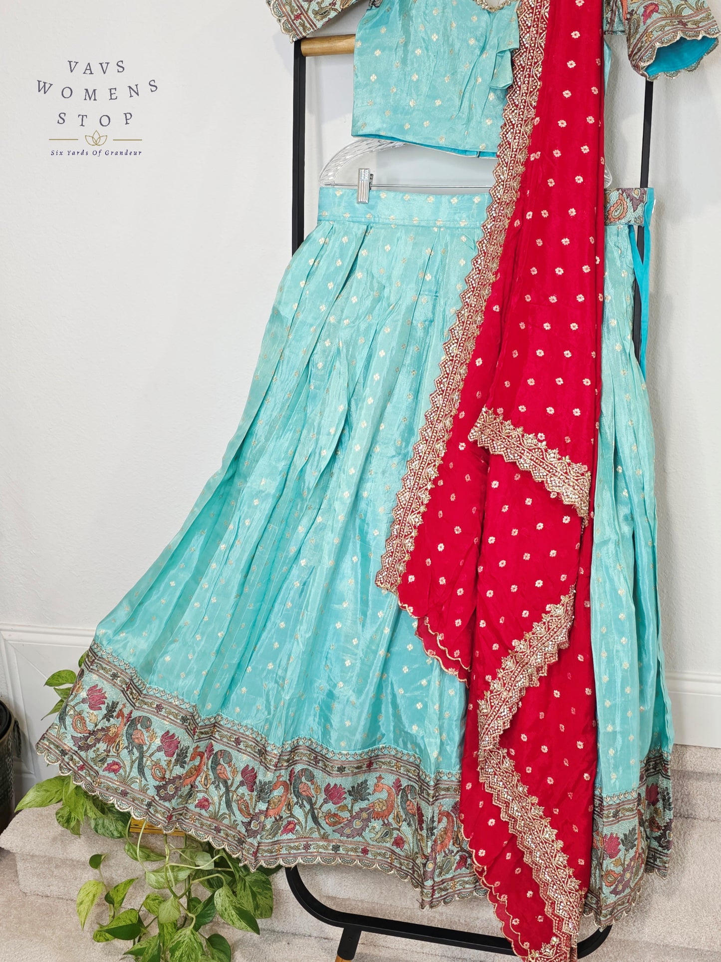 Royal Aqua Mist Munga Crepe Silk Tissue Half Saree Set with Ruby Crimson Chinon Chiffon Cutwork Dupatta | Size 34-40