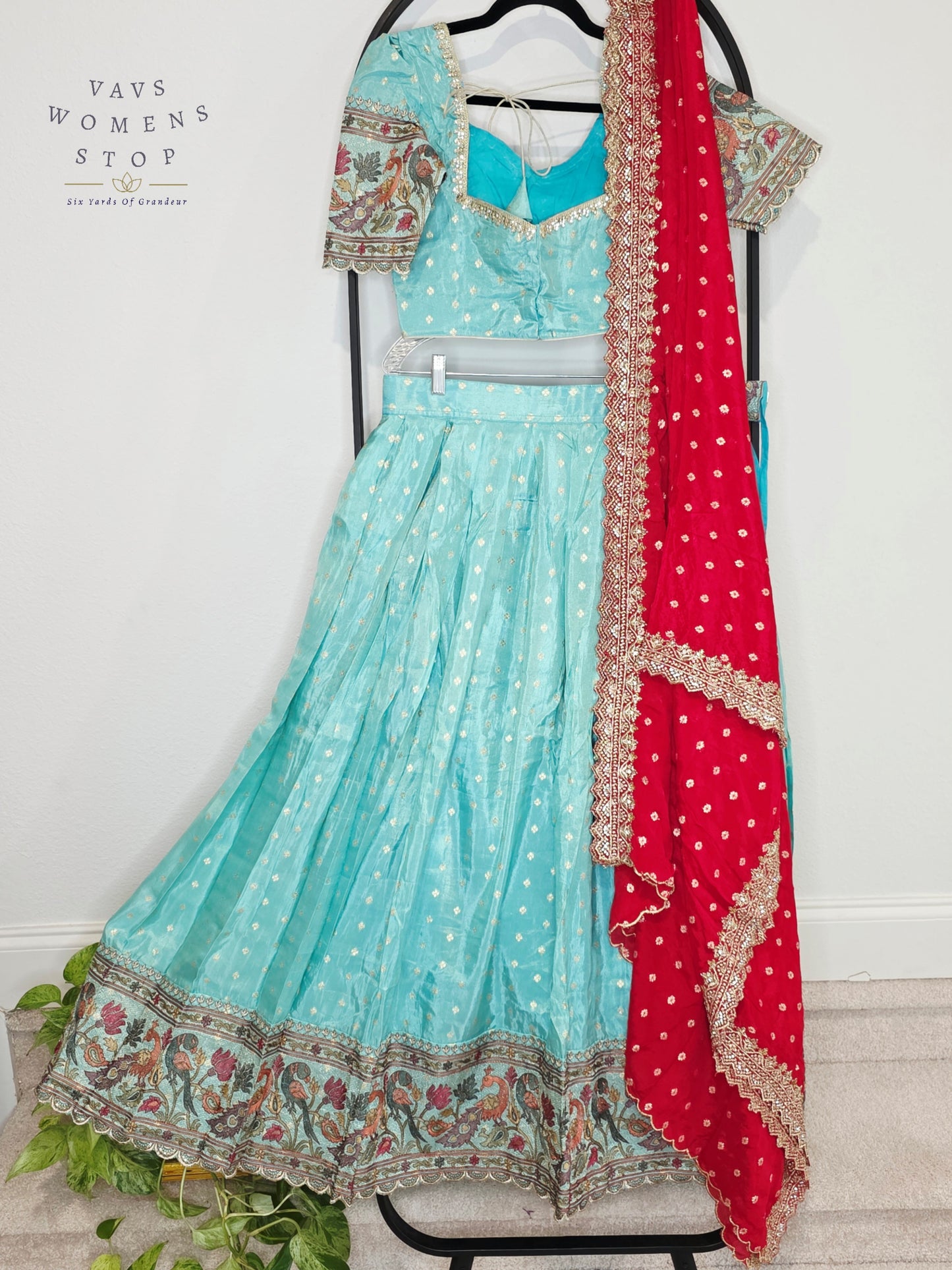 Royal Aqua Mist Munga Crepe Silk Tissue Half Saree Set with Ruby Crimson Chinon Chiffon Cutwork Dupatta | Size 34-40