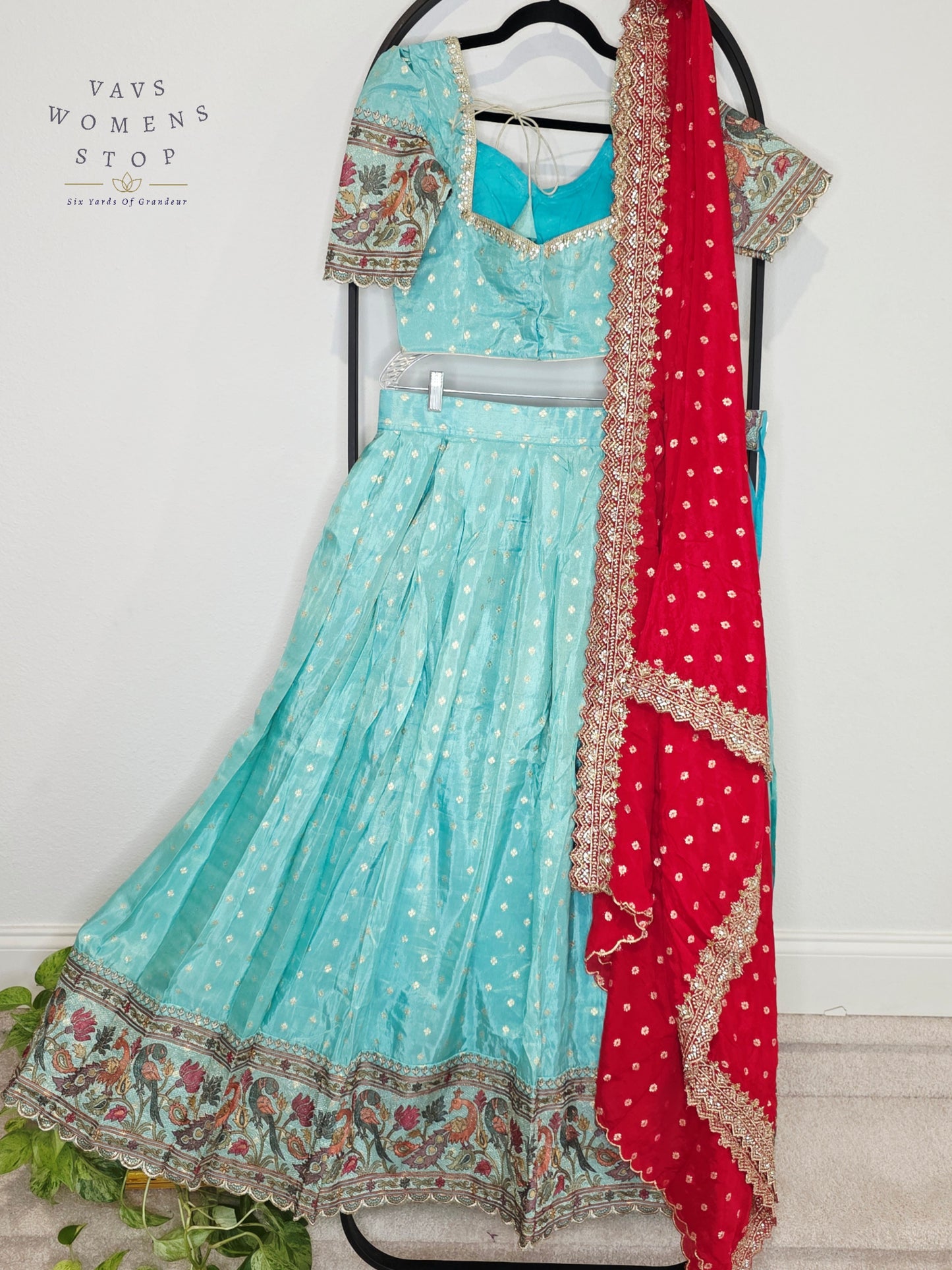 Royal Aqua Mist Munga Crepe Silk Tissue Half Saree Set with Ruby Crimson Chinon Chiffon Cutwork Dupatta | Size 34-40