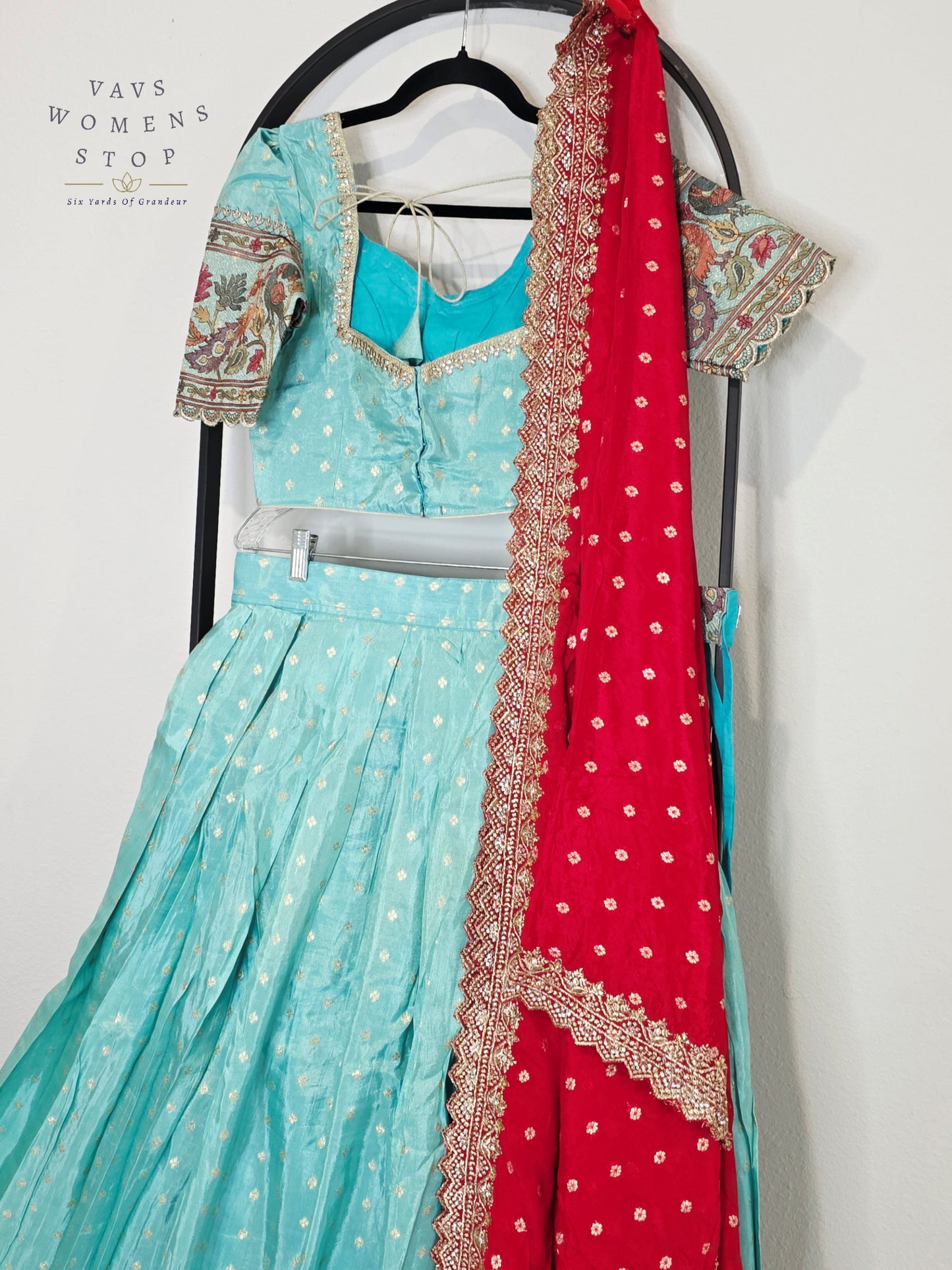 Royal Aqua Mist Munga Crepe Silk Tissue Half Saree Set with Ruby Crimson Chinon Chiffon Cutwork Dupatta | Size 34-40