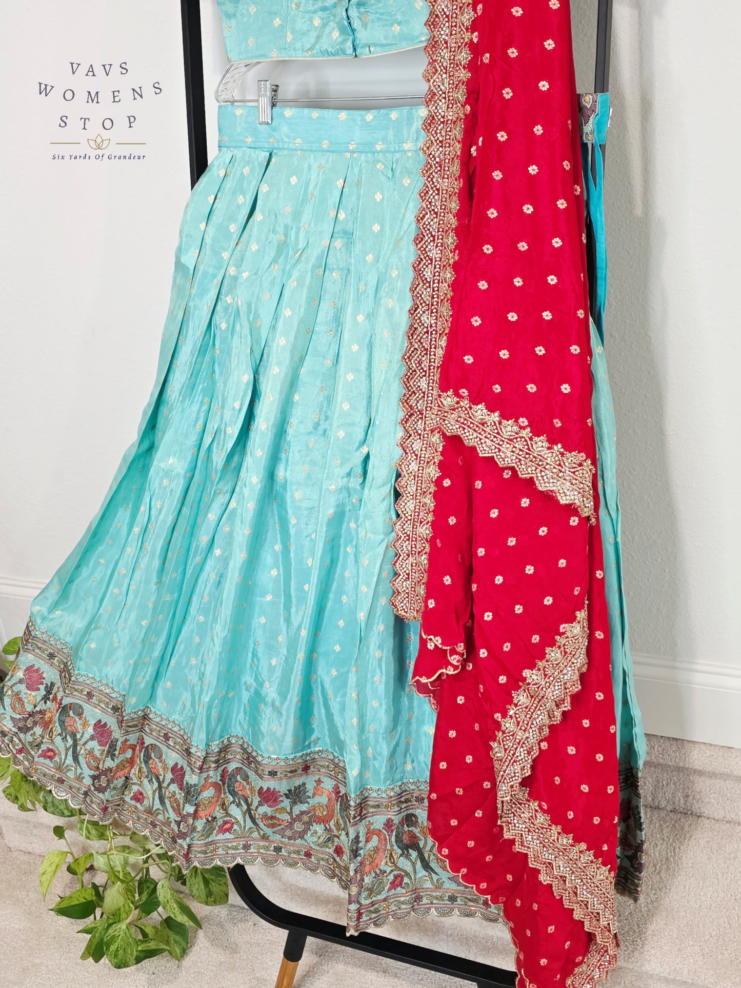 Royal Aqua Mist Munga Crepe Silk Tissue Half Saree Set with Ruby Crimson Chinon Chiffon Cutwork Dupatta | Size 34-40