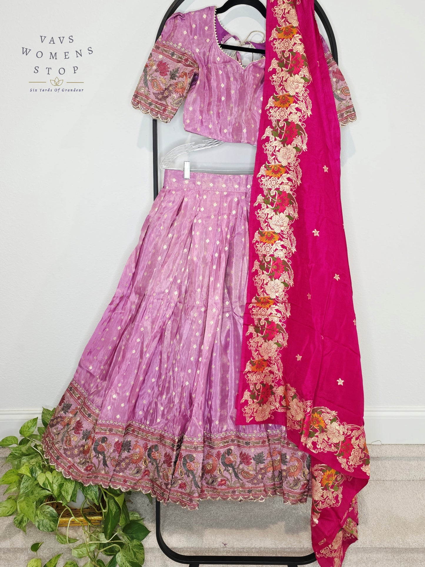Royal Lilac Bloom Munga Crepe Silk Tissue Half Saree Set with Fuchsia Floral Munga Silk Dupatta