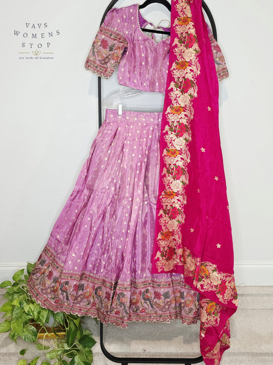 Royal Lilac Bloom Munga Crepe Silk Tissue Half Saree Set with Fuchsia Floral Munga Silk Dupatta