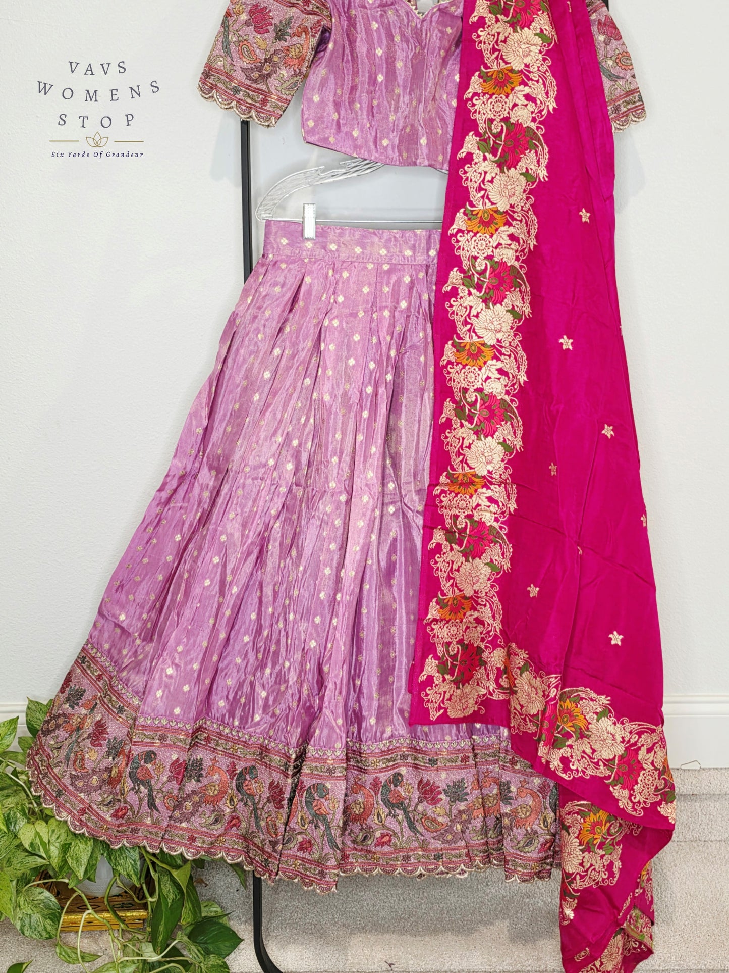 Royal Lilac Bloom Munga Crepe Silk Tissue Half Saree Set with Fuchsia Floral Munga Silk Dupatta