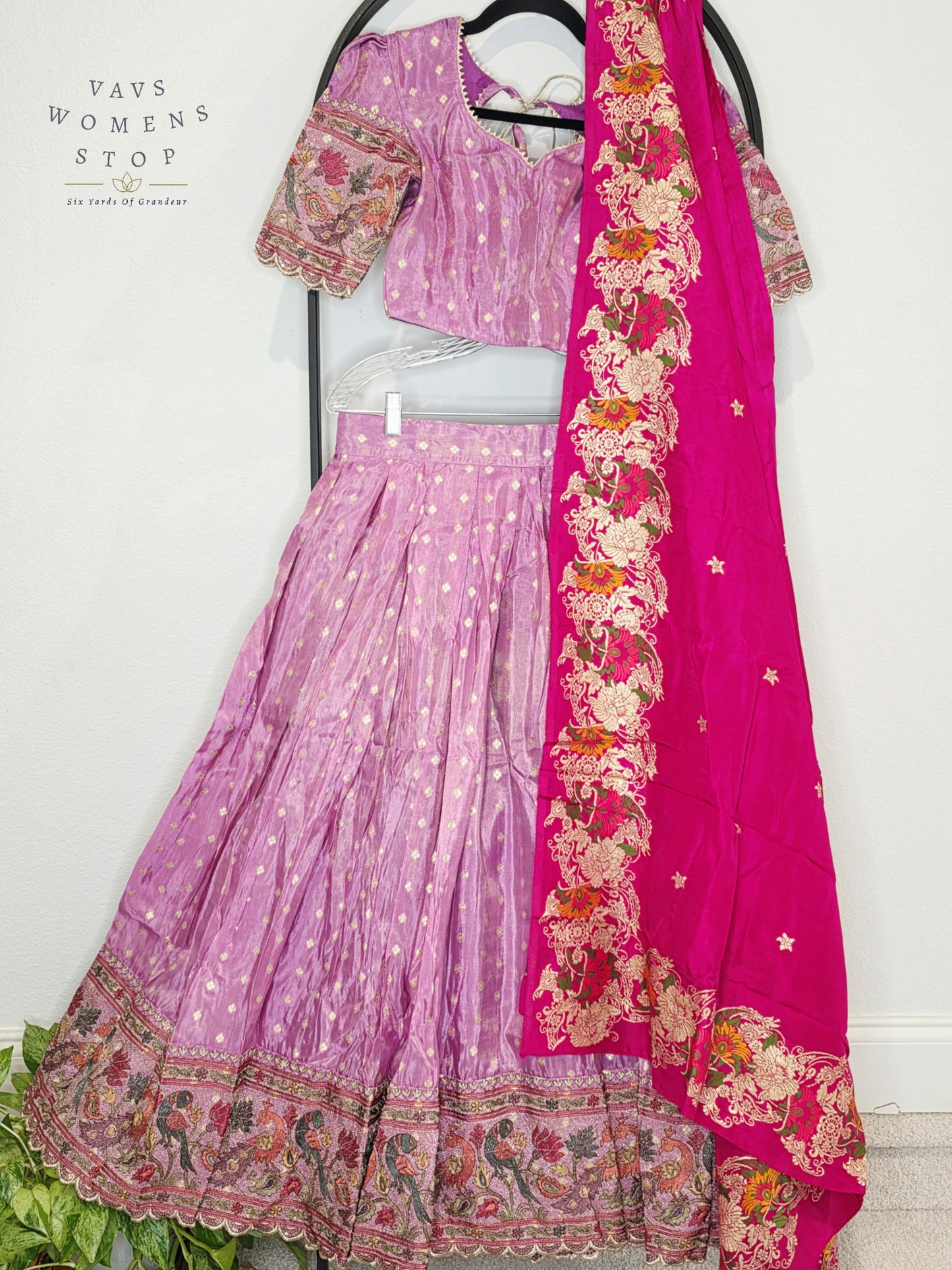 Royal Lilac Bloom Munga Crepe Silk Tissue Half Saree Set with Fuchsia Floral Munga Silk Dupatta