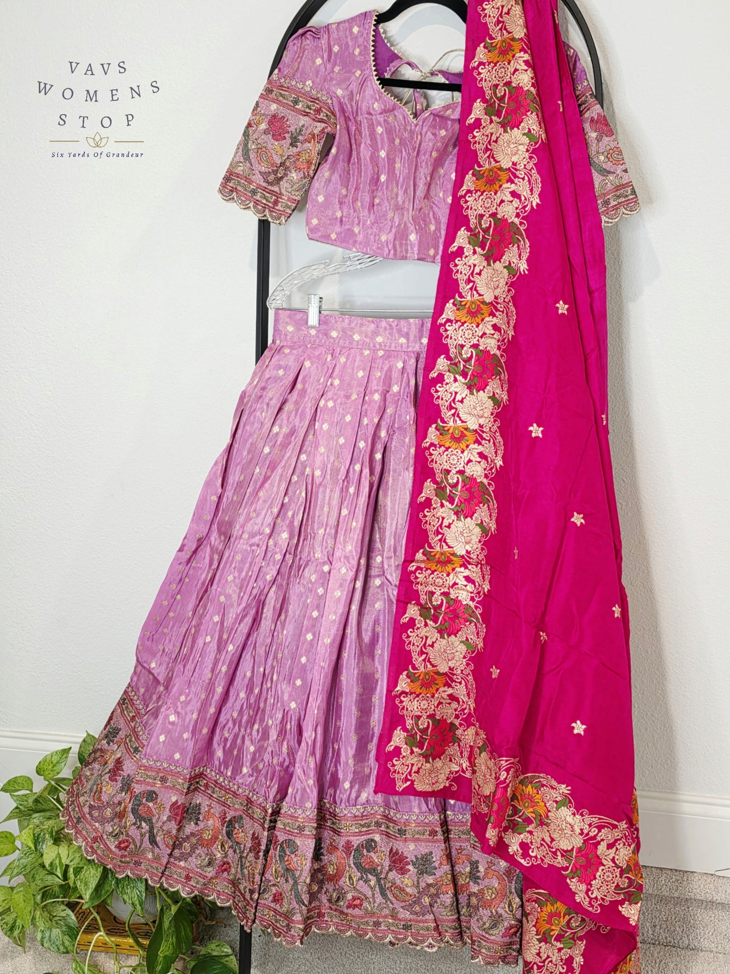 Royal Lilac Bloom Munga Crepe Silk Tissue Half Saree Set with Fuchsia Floral Munga Silk Dupatta