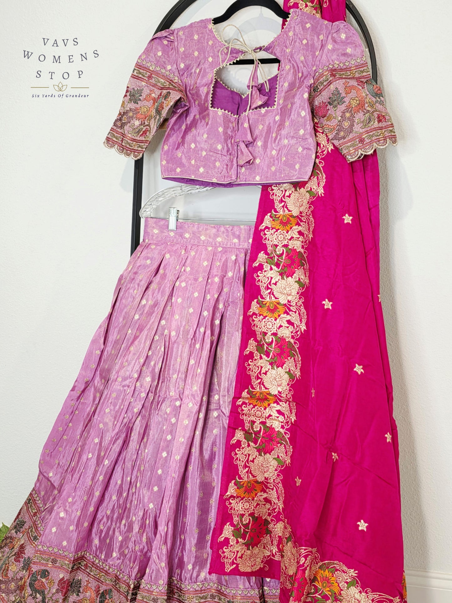 Royal Lilac Bloom Munga Crepe Silk Tissue Half Saree Set with Fuchsia Floral Munga Silk Dupatta
