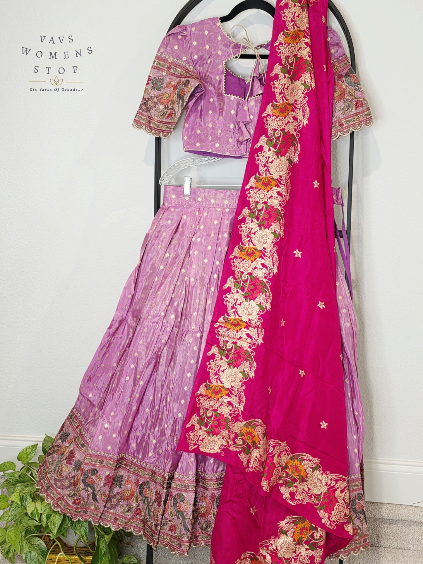 Royal Lilac Bloom Munga Crepe Silk Tissue Half Saree Set with Fuchsia Floral Munga Silk Dupatta