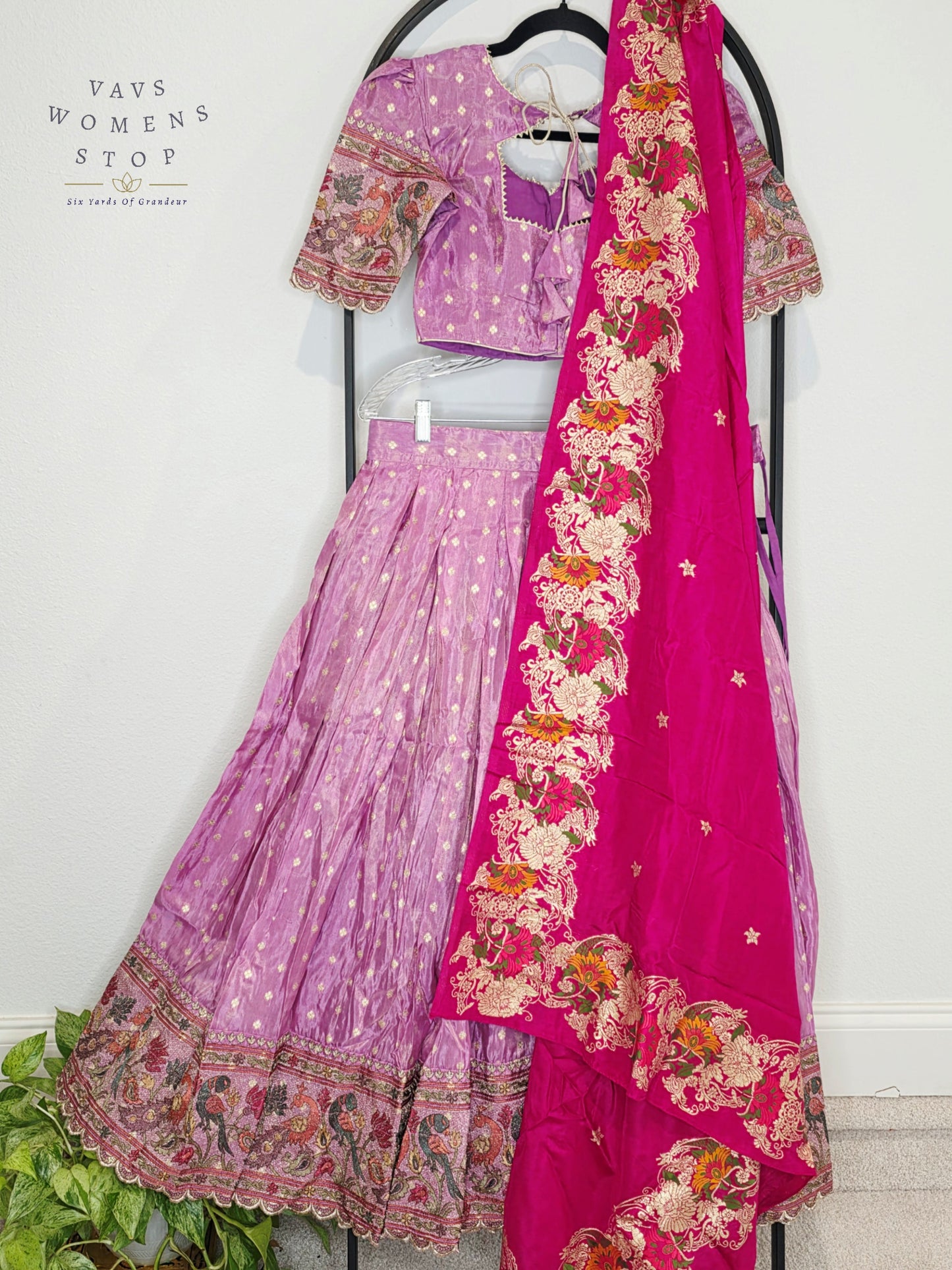 Royal Lilac Bloom Munga Crepe Silk Tissue Half Saree Set with Fuchsia Floral Munga Silk Dupatta