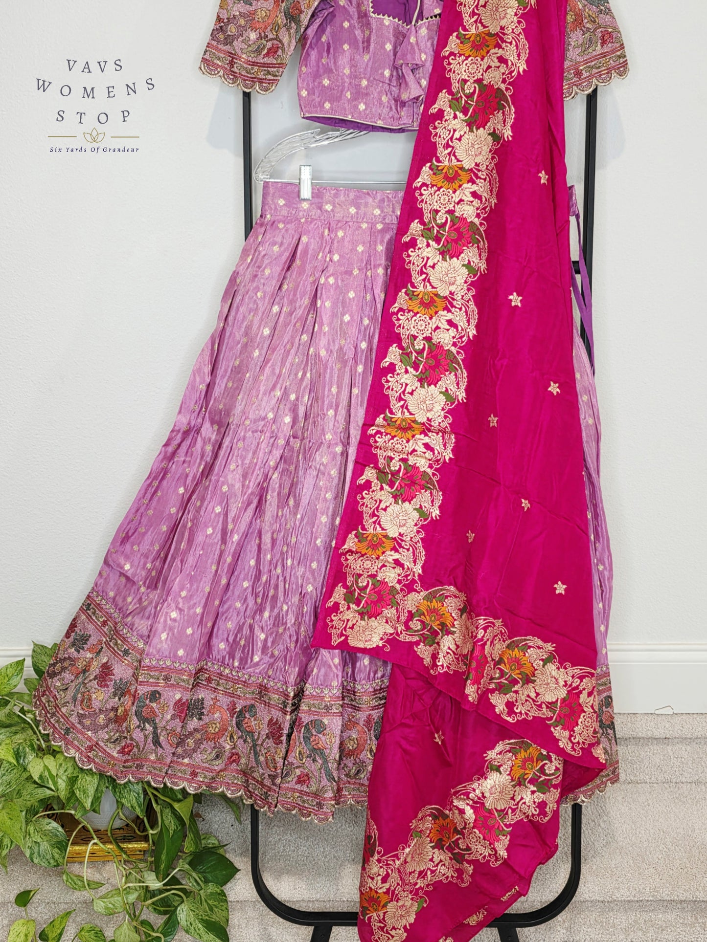 Royal Lilac Bloom Munga Crepe Silk Tissue Half Saree Set with Fuchsia Floral Munga Silk Dupatta
