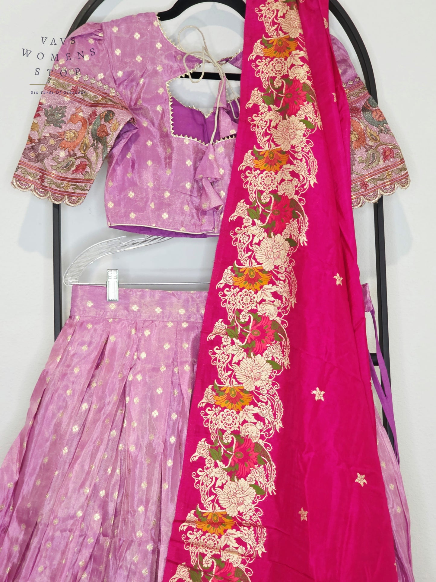 Royal Lilac Bloom Munga Crepe Silk Tissue Half Saree Set with Fuchsia Floral Munga Silk Dupatta