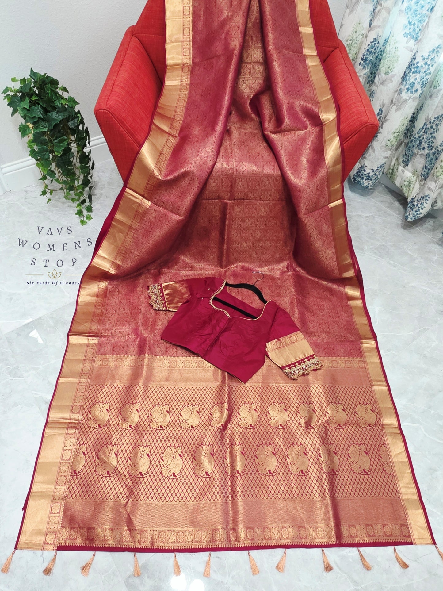 Royal Rosewood Maroon Pure Kanchi Double Warp Soft Silk Saree with Maggam Blouse Size 36-42