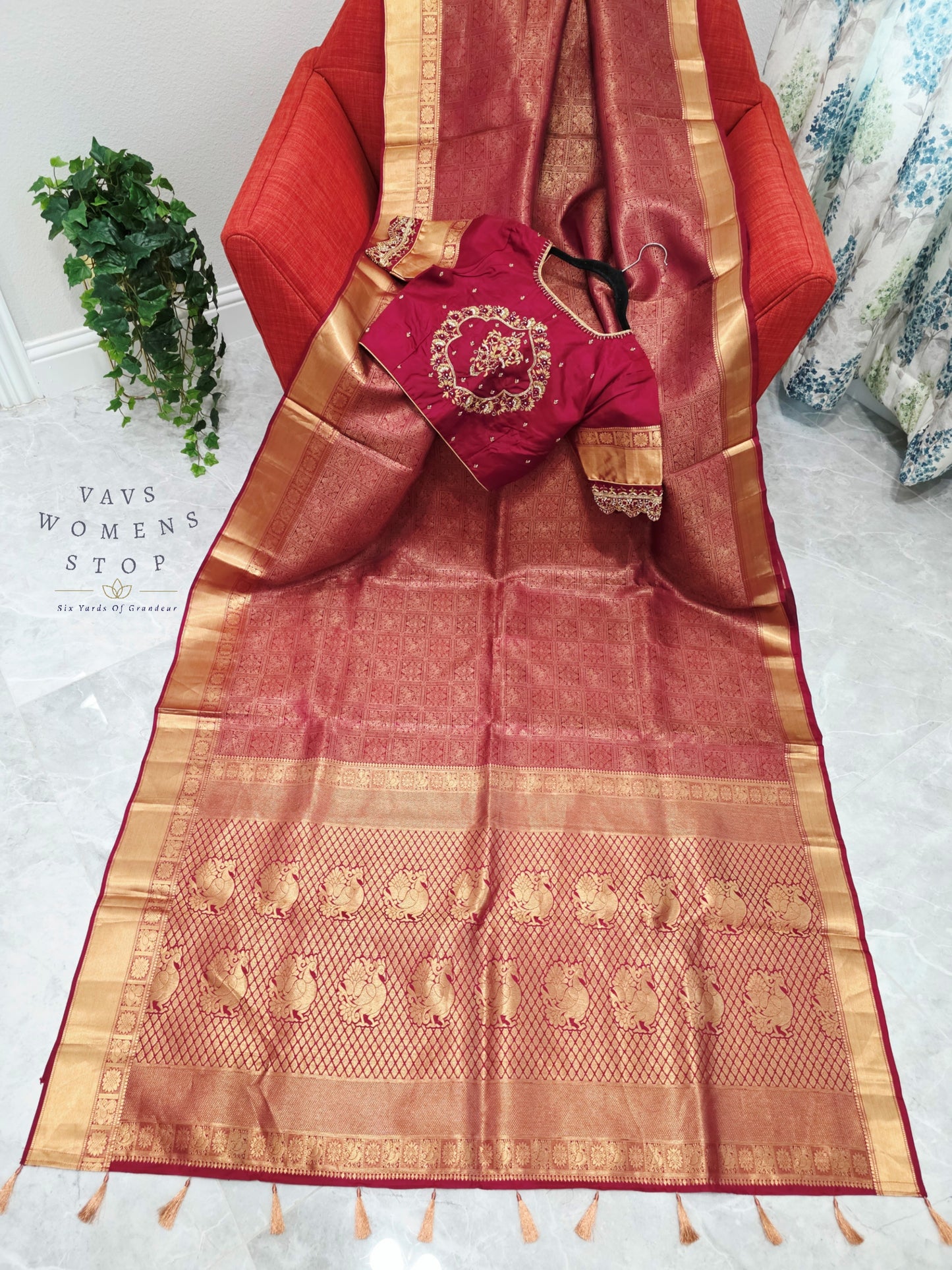 Royal Rosewood Maroon Pure Kanchi Double Warp Soft Silk Saree with Maggam Blouse Size 36-42