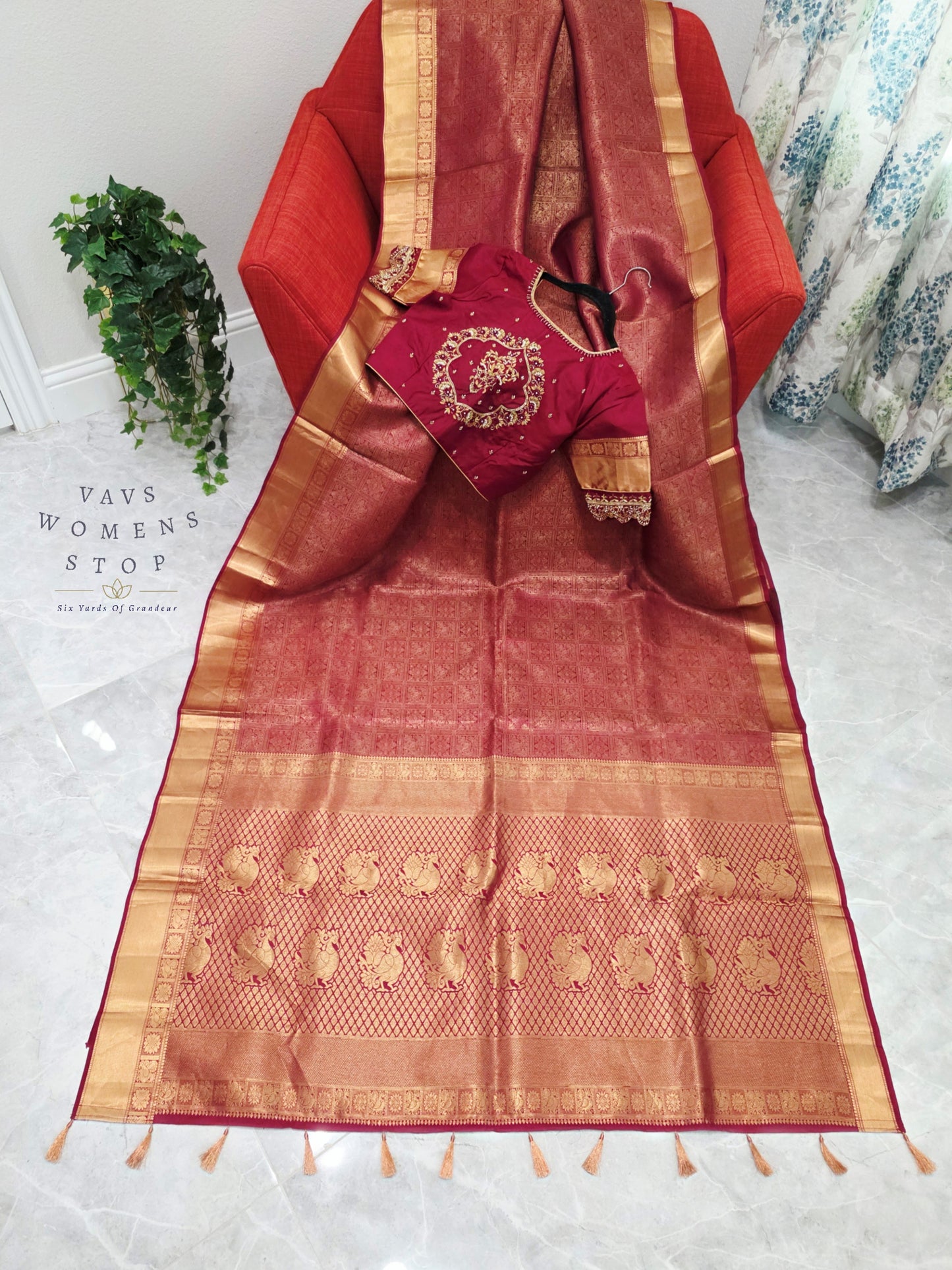 Royal Rosewood Maroon Pure Kanchi Double Warp Soft Silk Saree with Maggam Blouse Size 36-42