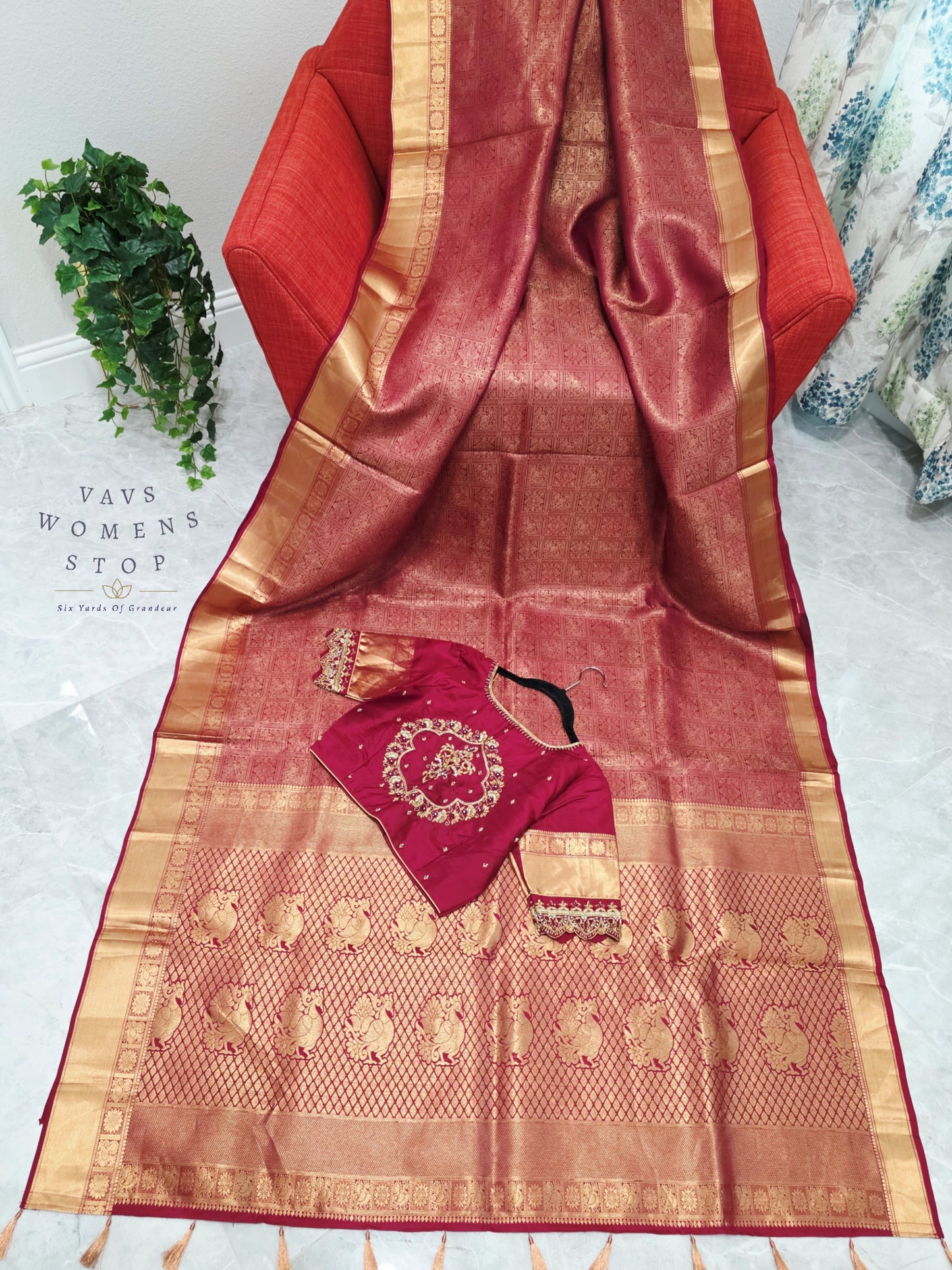 Royal Rosewood Maroon Pure Kanchi Double Warp Soft Silk Saree with Maggam Blouse Size 36-42