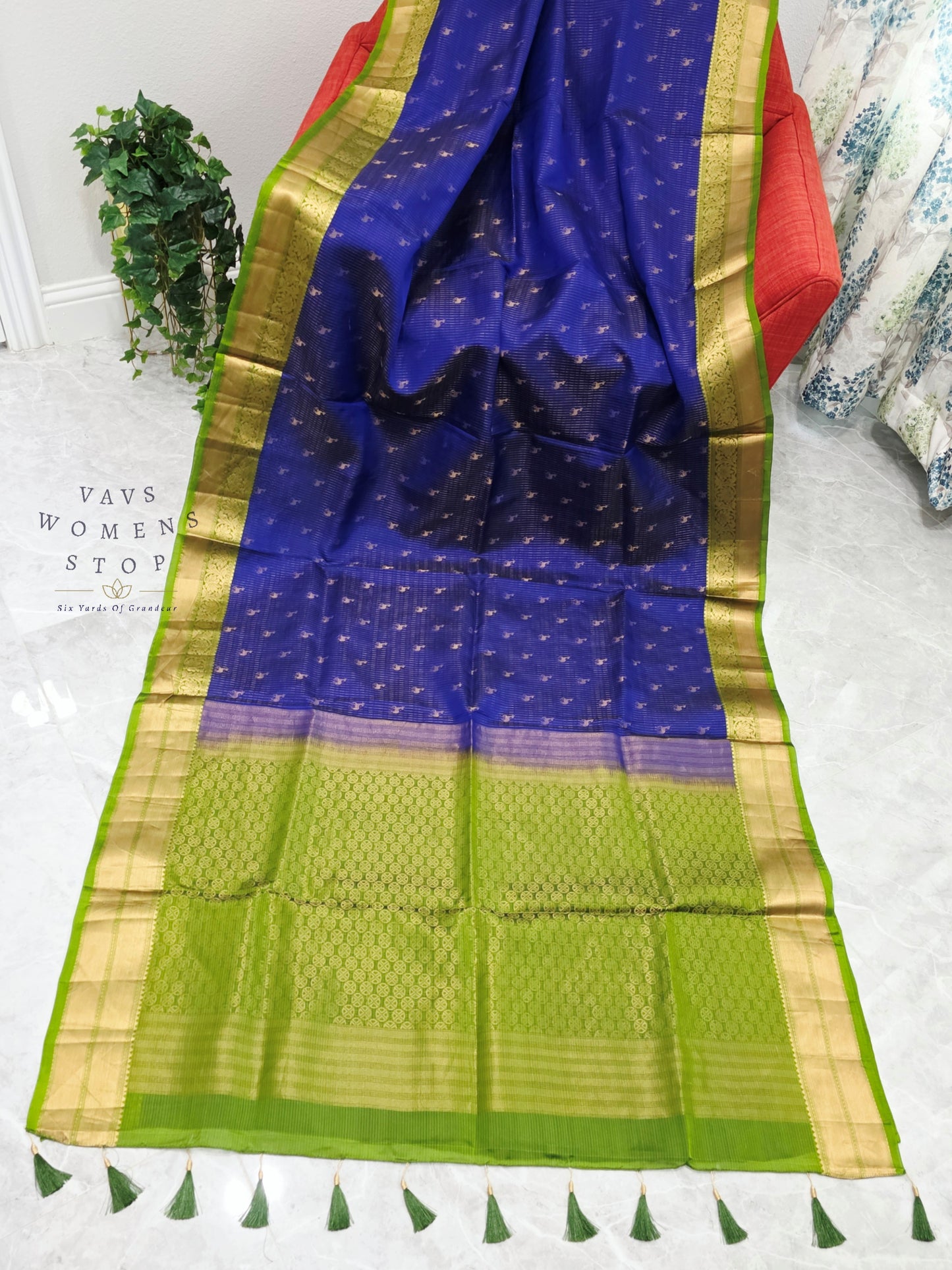Royal Sapphire Blue & Parrot Green Kanchipuram Soft Silk Saree with Maggam Blouse