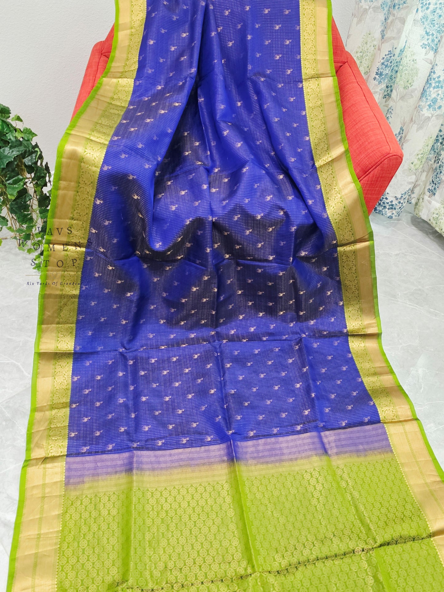 Royal Sapphire Blue & Parrot Green Kanchipuram Soft Silk Saree with Maggam Blouse