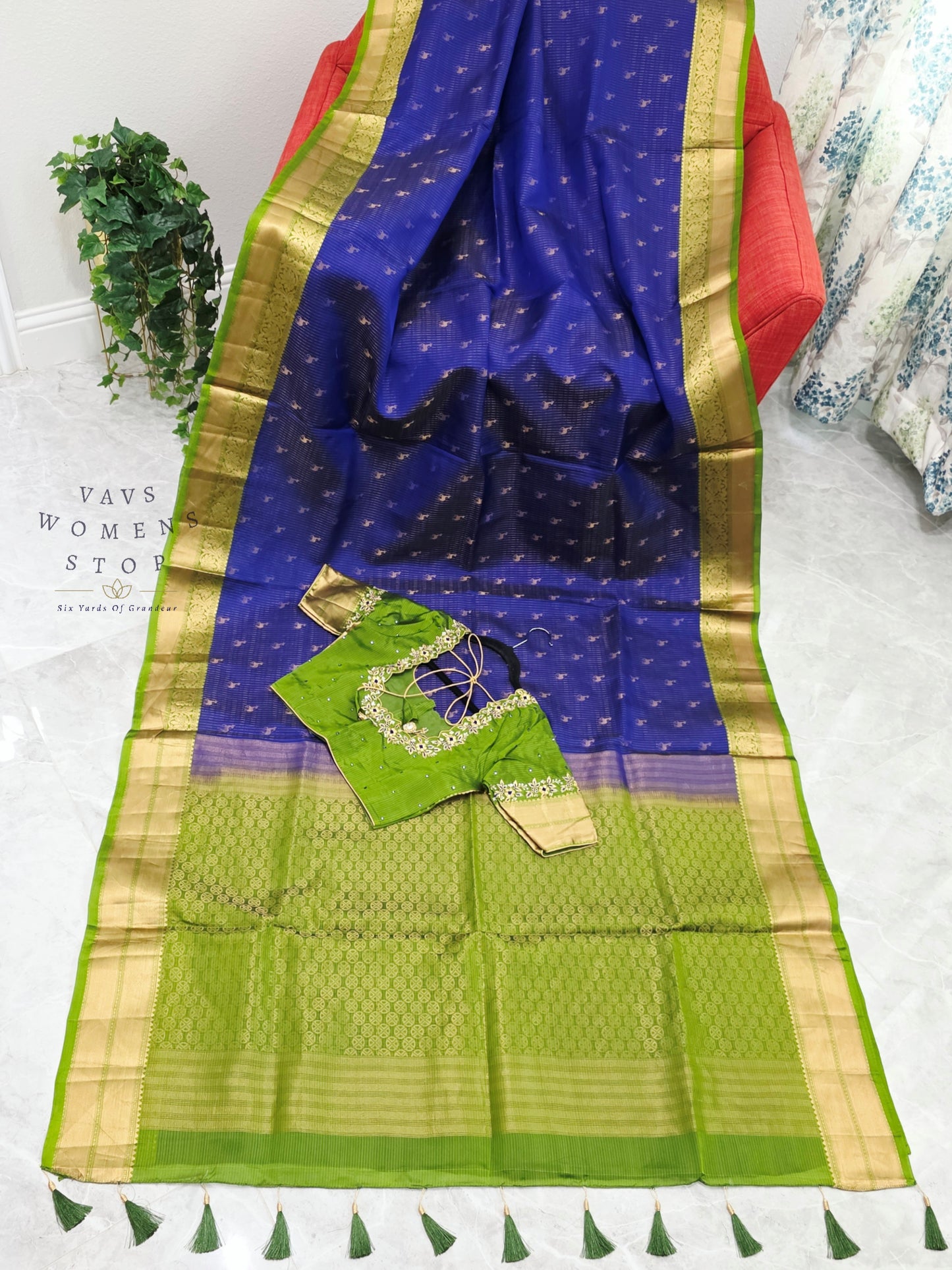 Royal Sapphire Blue & Parrot Green Kanchipuram Soft Silk Saree with Maggam Blouse