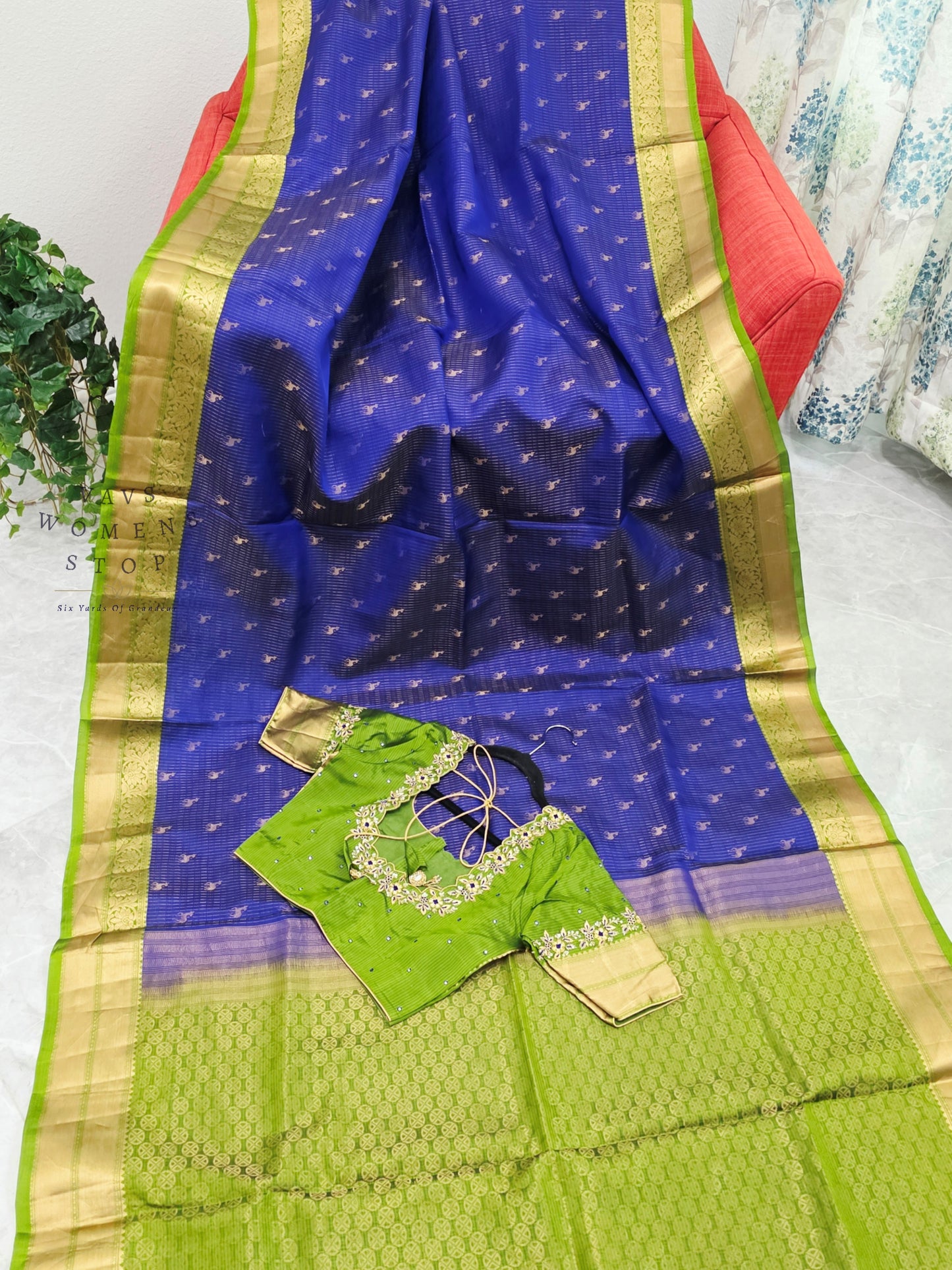 Royal Sapphire Blue & Parrot Green Kanchipuram Soft Silk Saree with Maggam Blouse