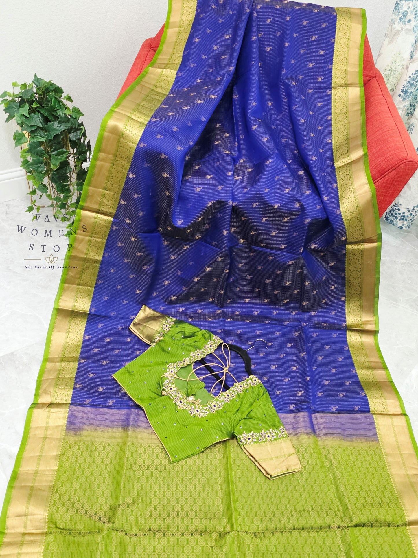 Royal Sapphire Blue & Parrot Green Kanchipuram Soft Silk Saree with Maggam Blouse