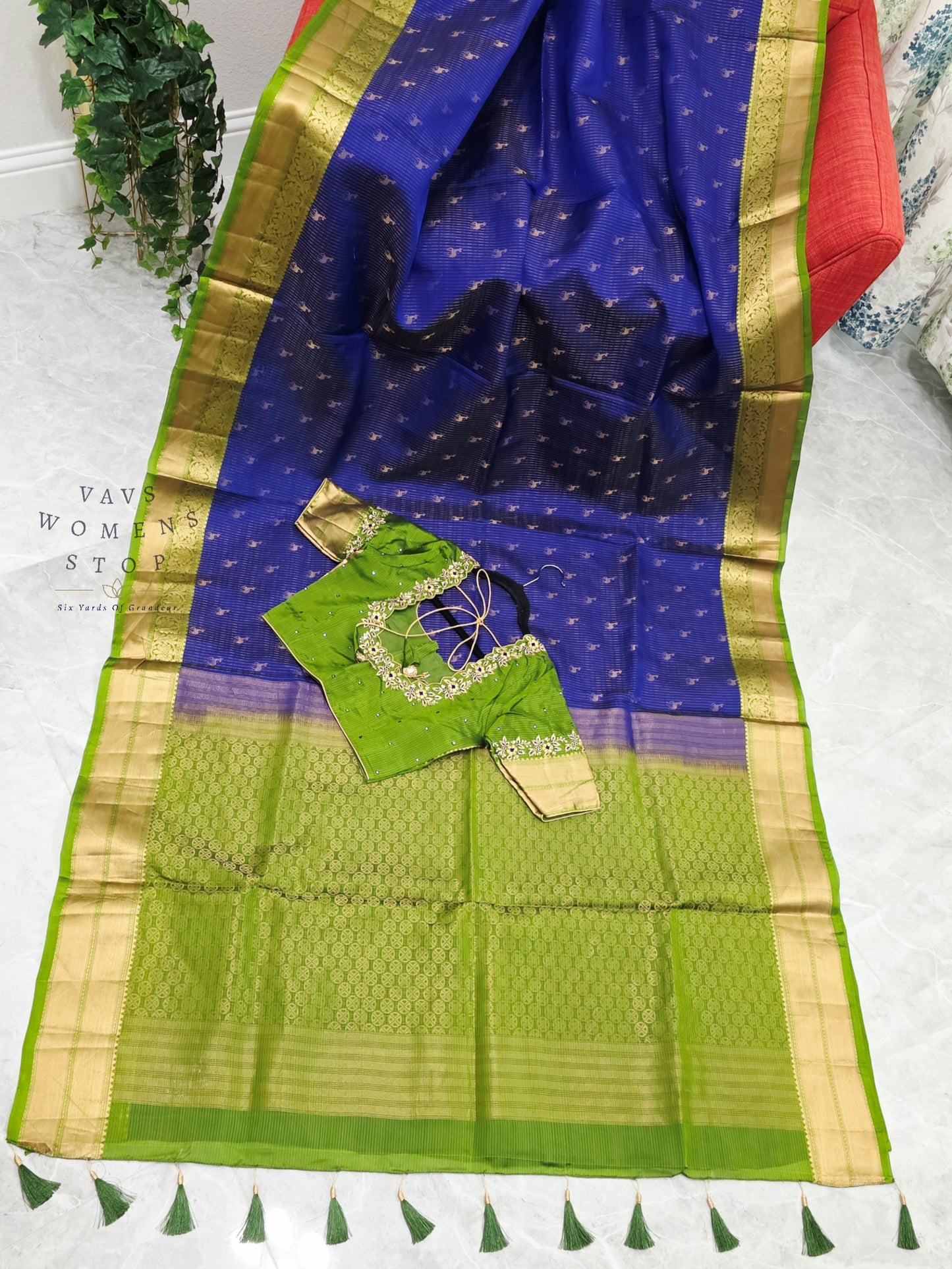 Royal Sapphire Blue & Parrot Green Kanchipuram Soft Silk Saree with Maggam Blouse
