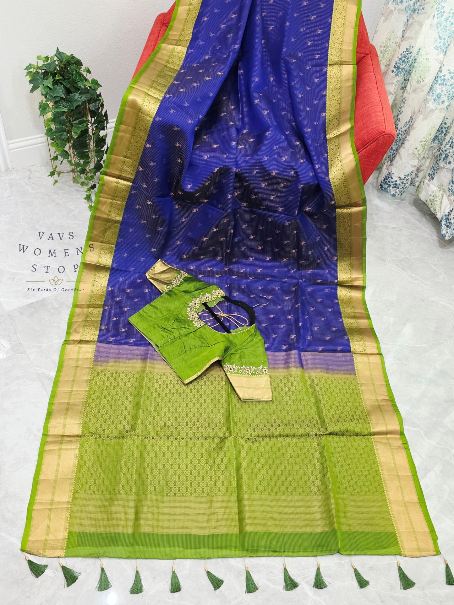 Royal Sapphire Blue & Parrot Green Kanchipuram Soft Silk Saree with Maggam Blouse