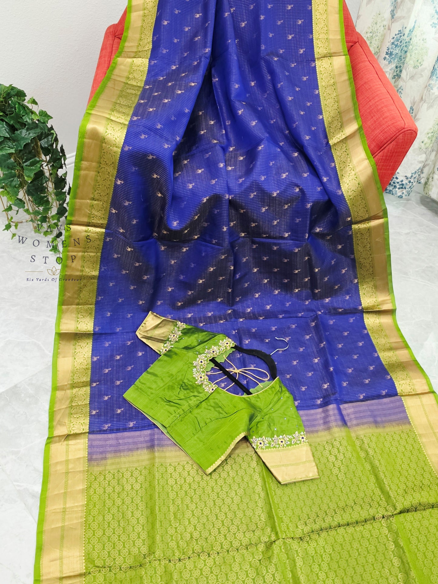 Royal Sapphire Blue & Parrot Green Kanchipuram Soft Silk Saree with Maggam Blouse