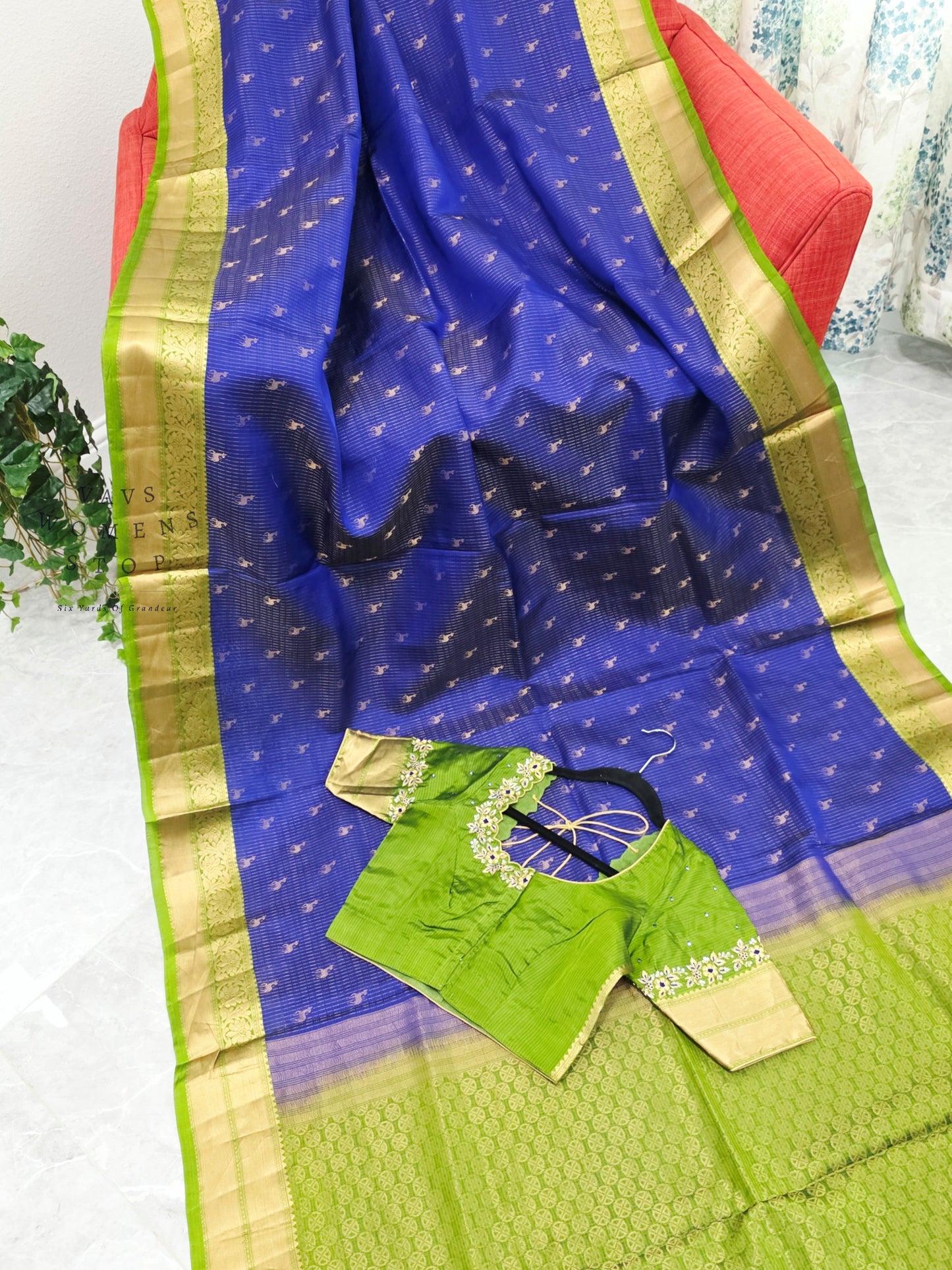 Royal Sapphire Blue & Parrot Green Kanchipuram Soft Silk Saree with Maggam Blouse