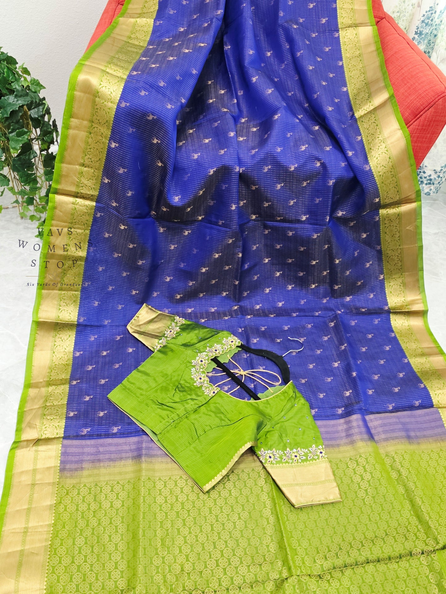 Royal Sapphire Blue & Parrot Green Kanchipuram Soft Silk Saree with Maggam Blouse