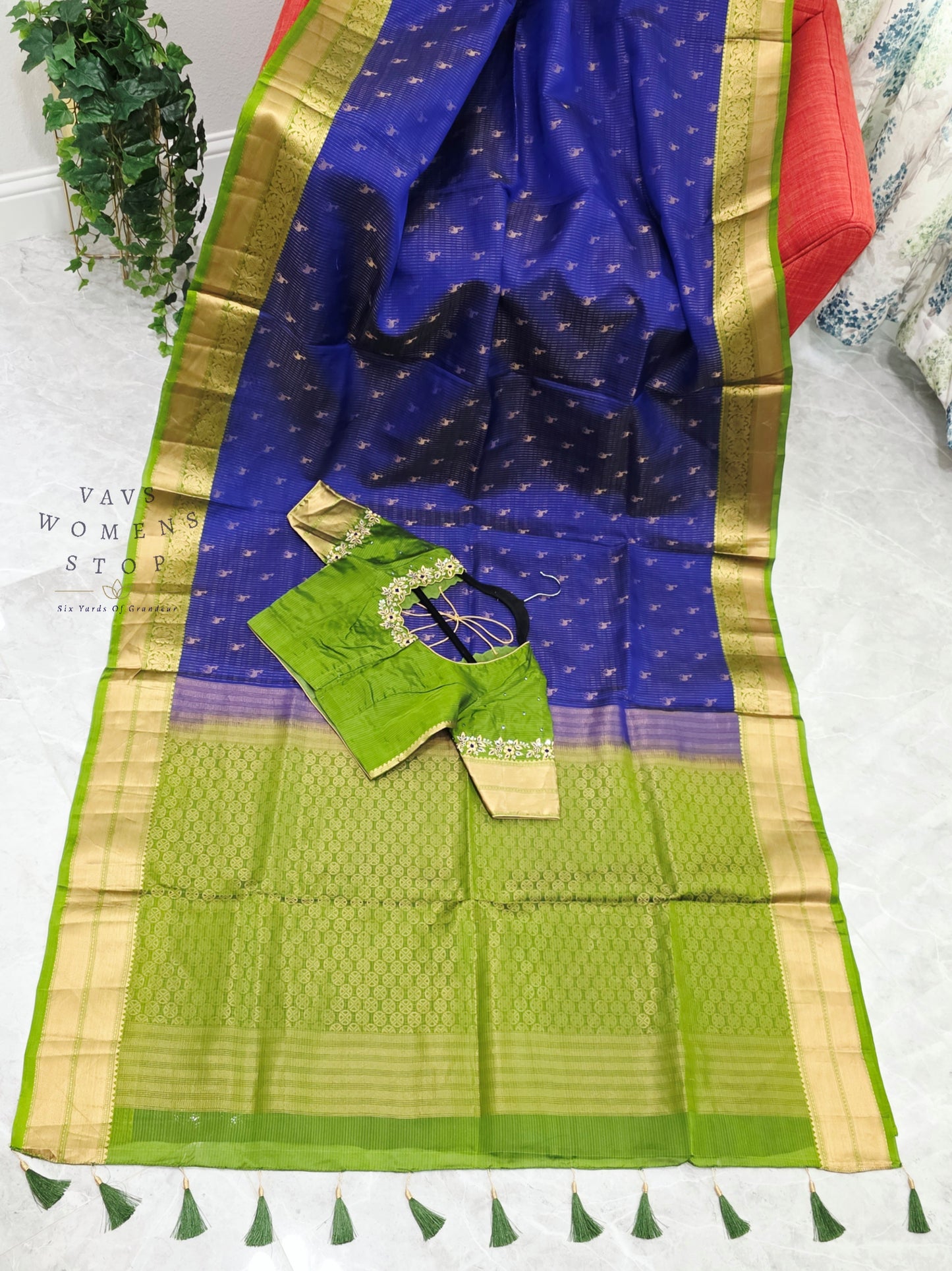 Royal Sapphire Blue & Parrot Green Kanchipuram Soft Silk Saree with Maggam Blouse