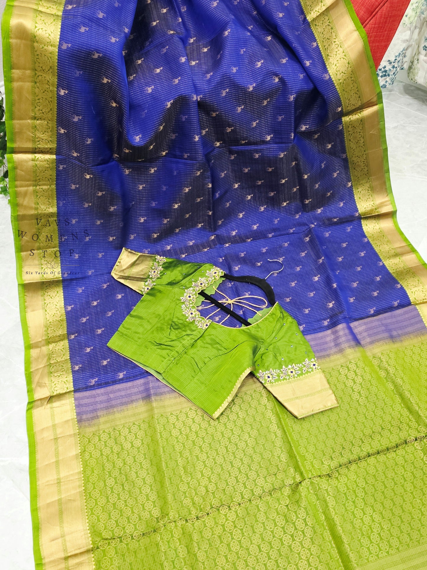 Royal Sapphire Blue & Parrot Green Kanchipuram Soft Silk Saree with Maggam Blouse
