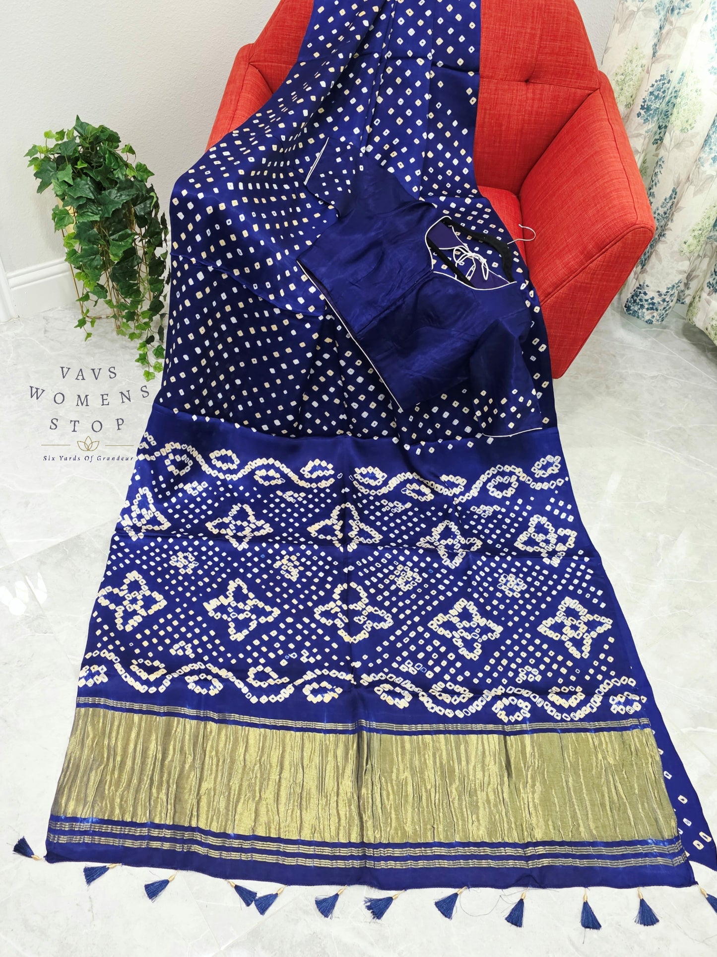 Royal Sapphire Blue Handmade Bandhani Pure Modal Silk Saree with Ready Blouse