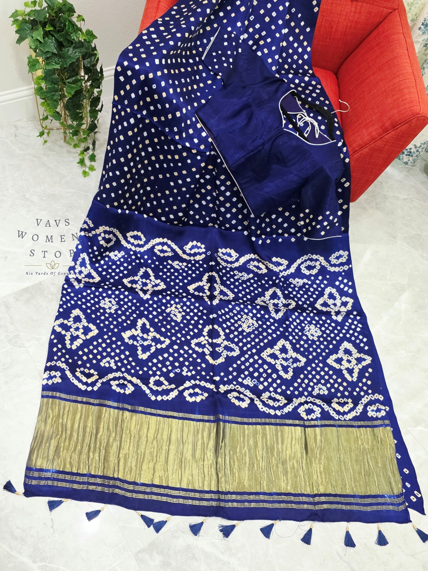 Royal Sapphire Blue Handmade Bandhani Pure Modal Silk Saree with Ready Blouse