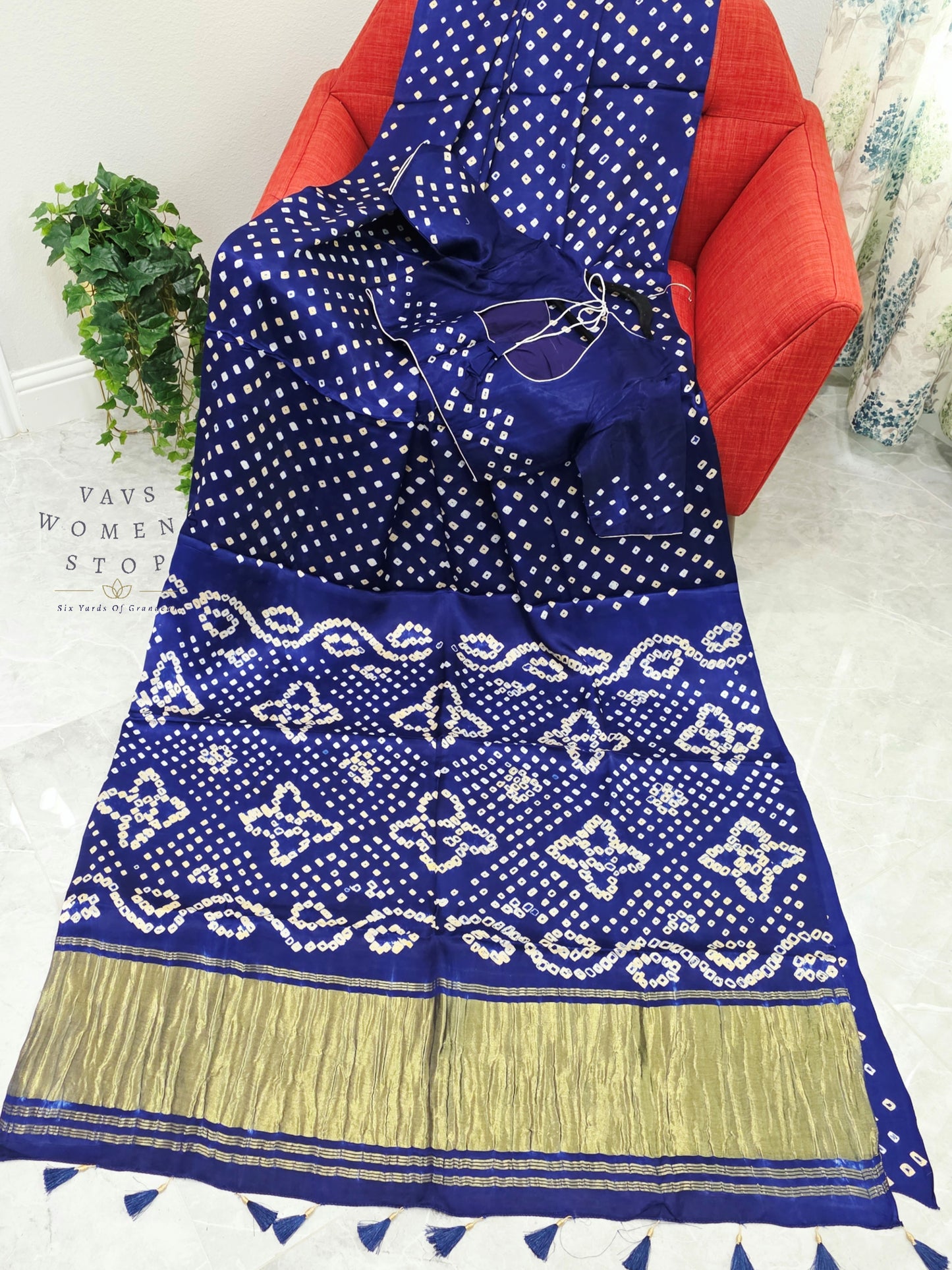 Royal Sapphire Blue Handmade Bandhani Pure Modal Silk Saree with Ready Blouse