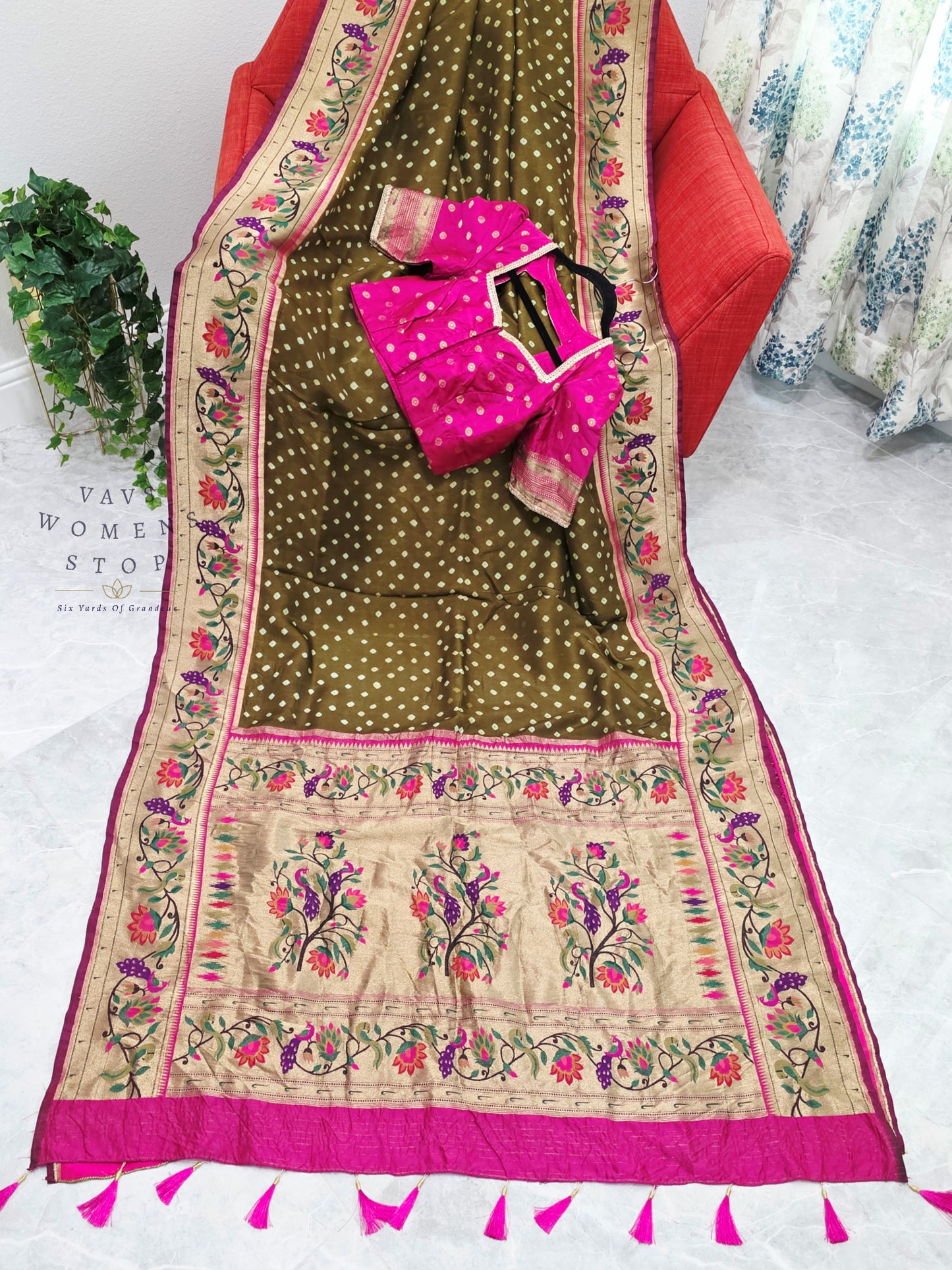 Royal Olive Moss Green Munga Silk Bandhani Saree with Paithani Pallu & Designer Blouse Size 36-42