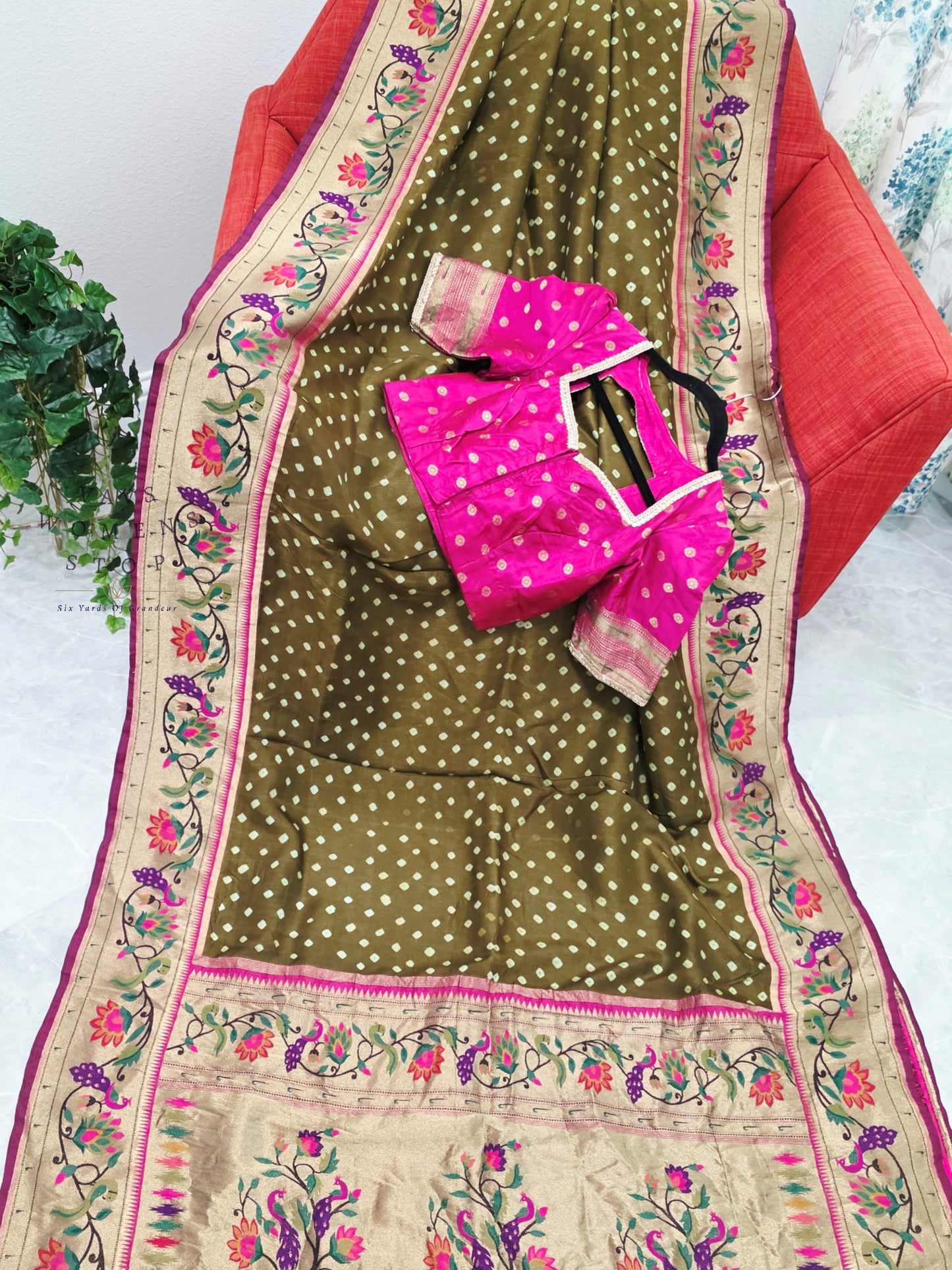 Royal Olive Moss Green Munga Silk Bandhani Saree with Paithani Pallu & Designer Blouse Size 36-42
