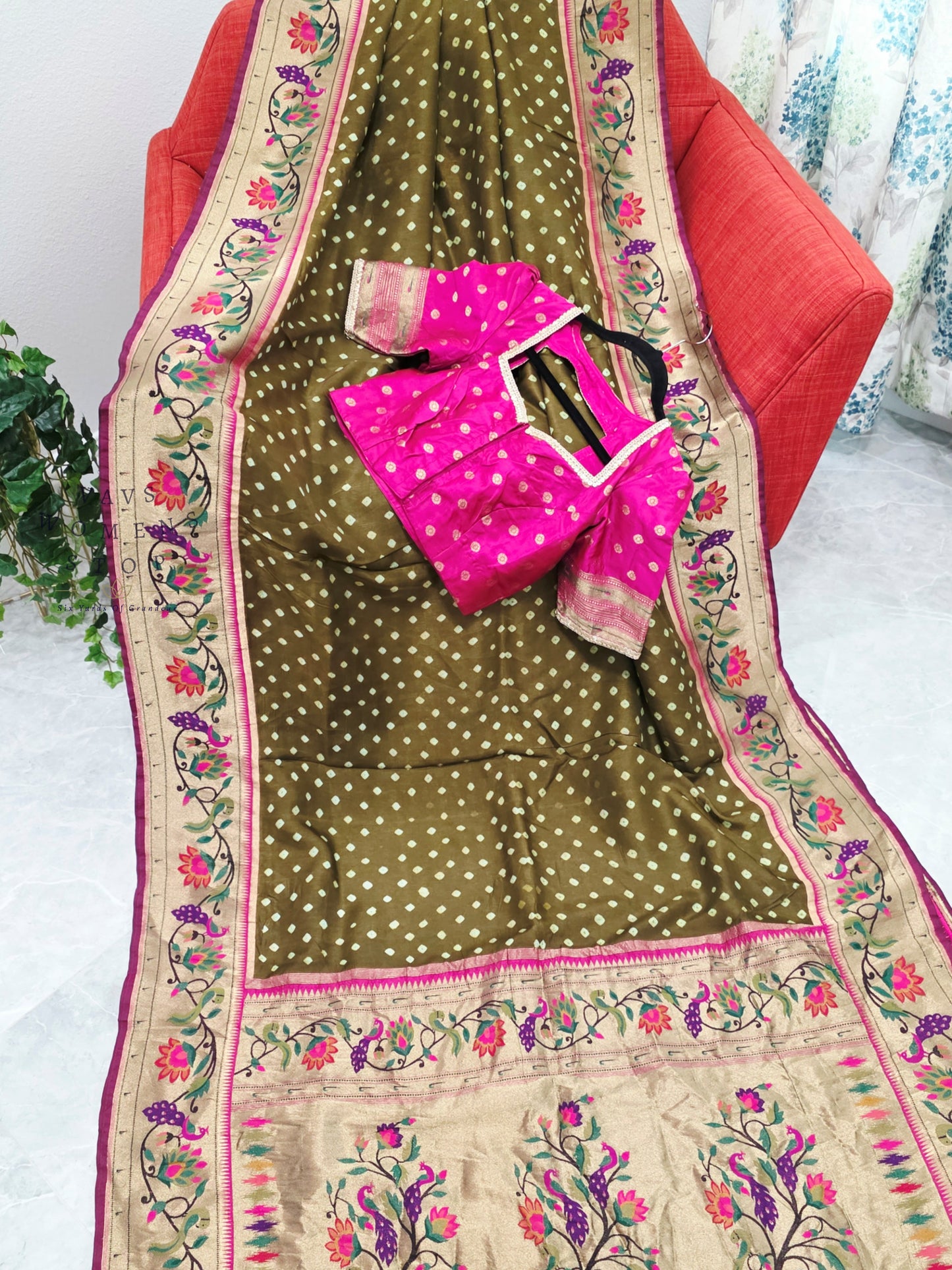 Royal Olive Moss Green Munga Silk Bandhani Saree with Paithani Pallu & Designer Blouse Size 36-42