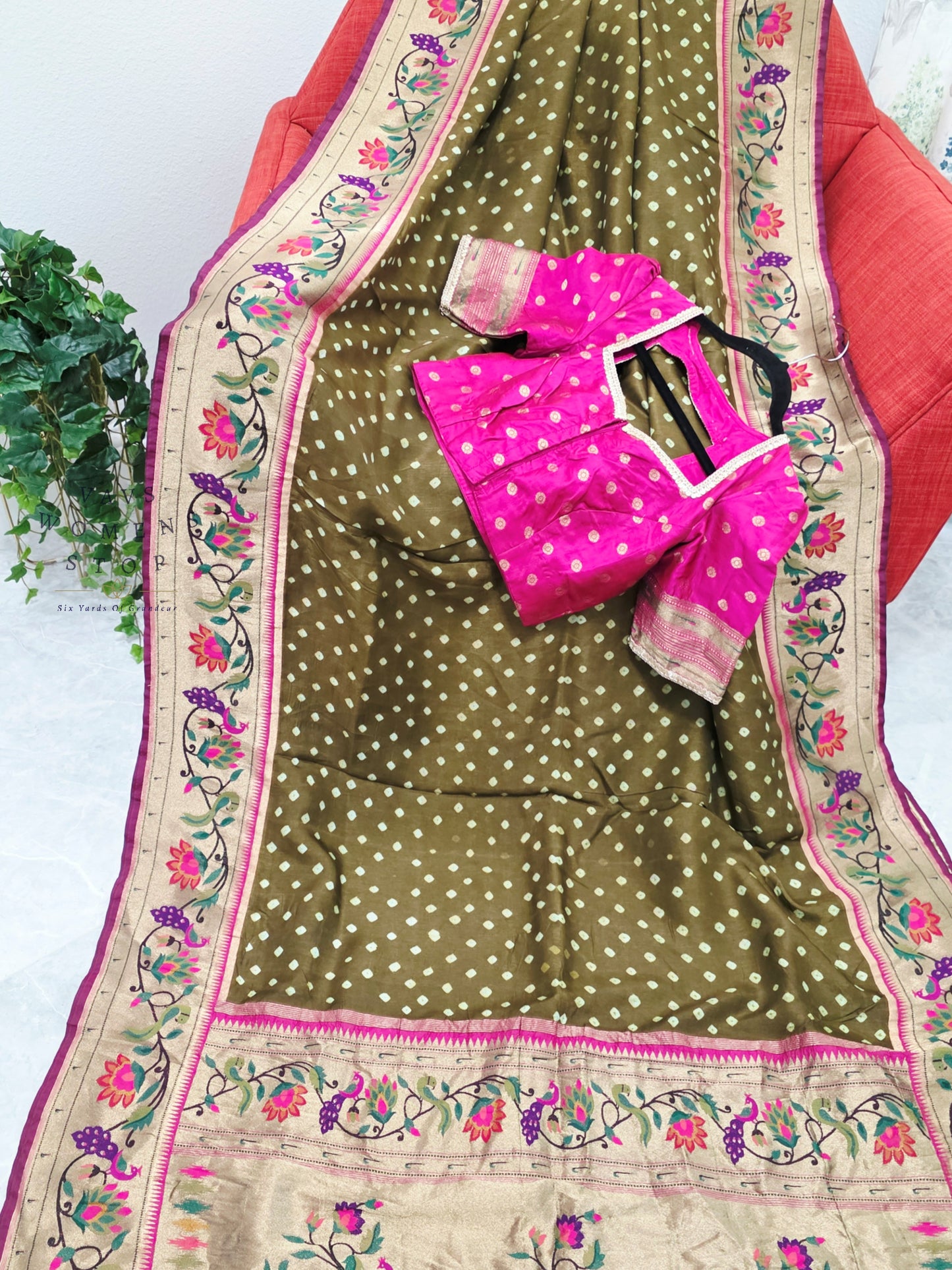 Royal Olive Moss Green Munga Silk Bandhani Saree with Paithani Pallu & Designer Blouse Size 36-42