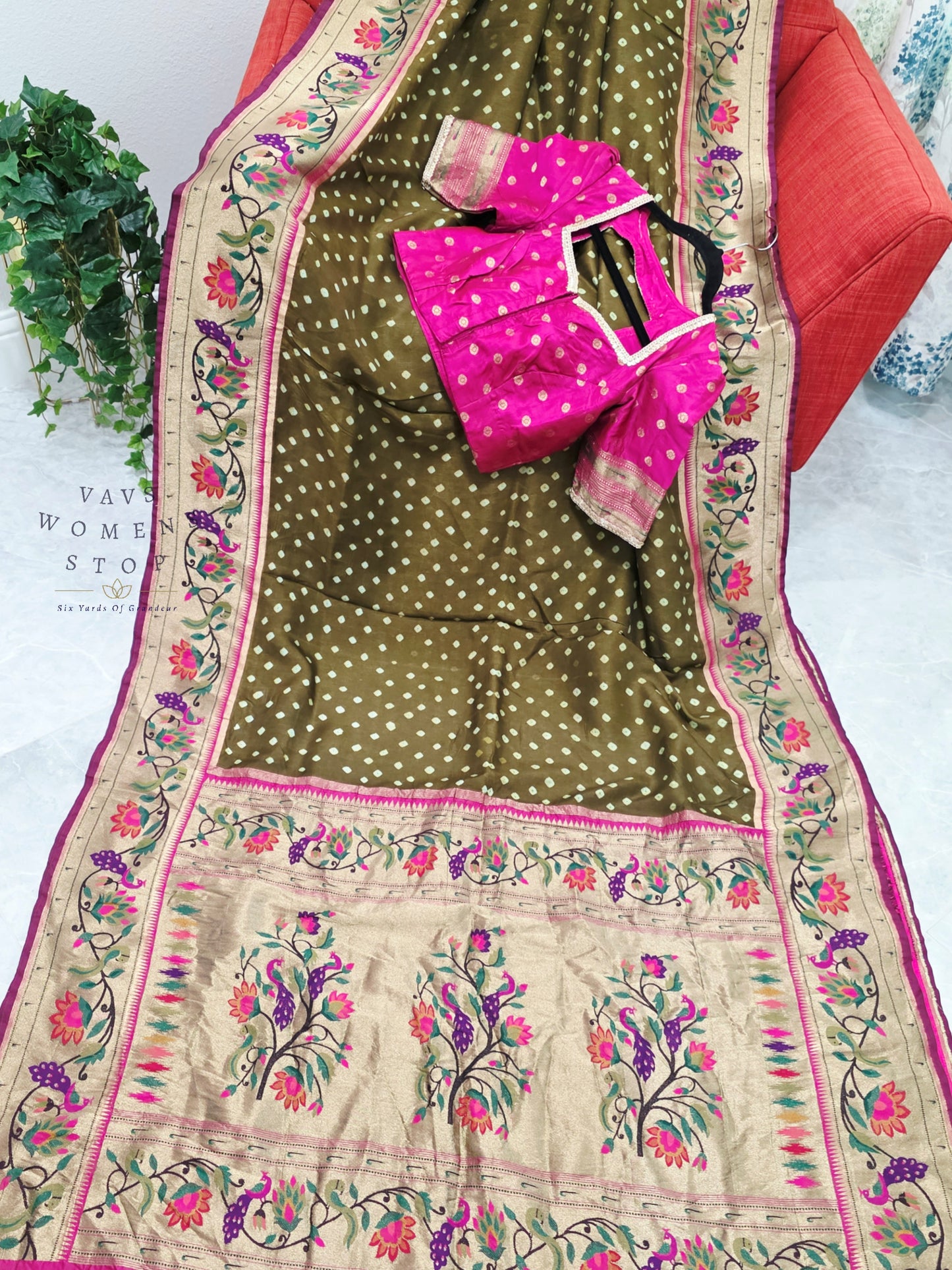 Royal Olive Moss Green Munga Silk Bandhani Saree with Paithani Pallu & Designer Blouse Size 36-42
