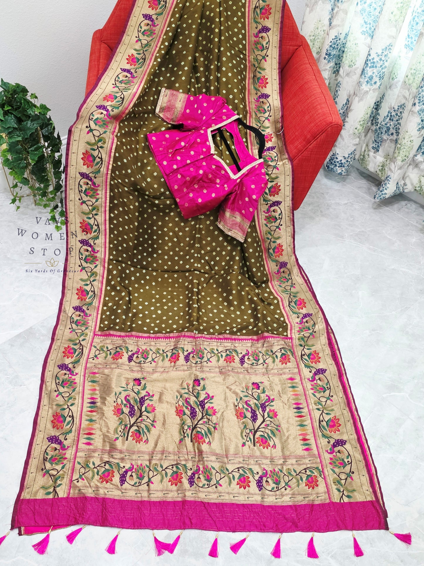 Royal Olive Moss Green Munga Silk Bandhani Saree with Paithani Pallu & Designer Blouse Size 36-42