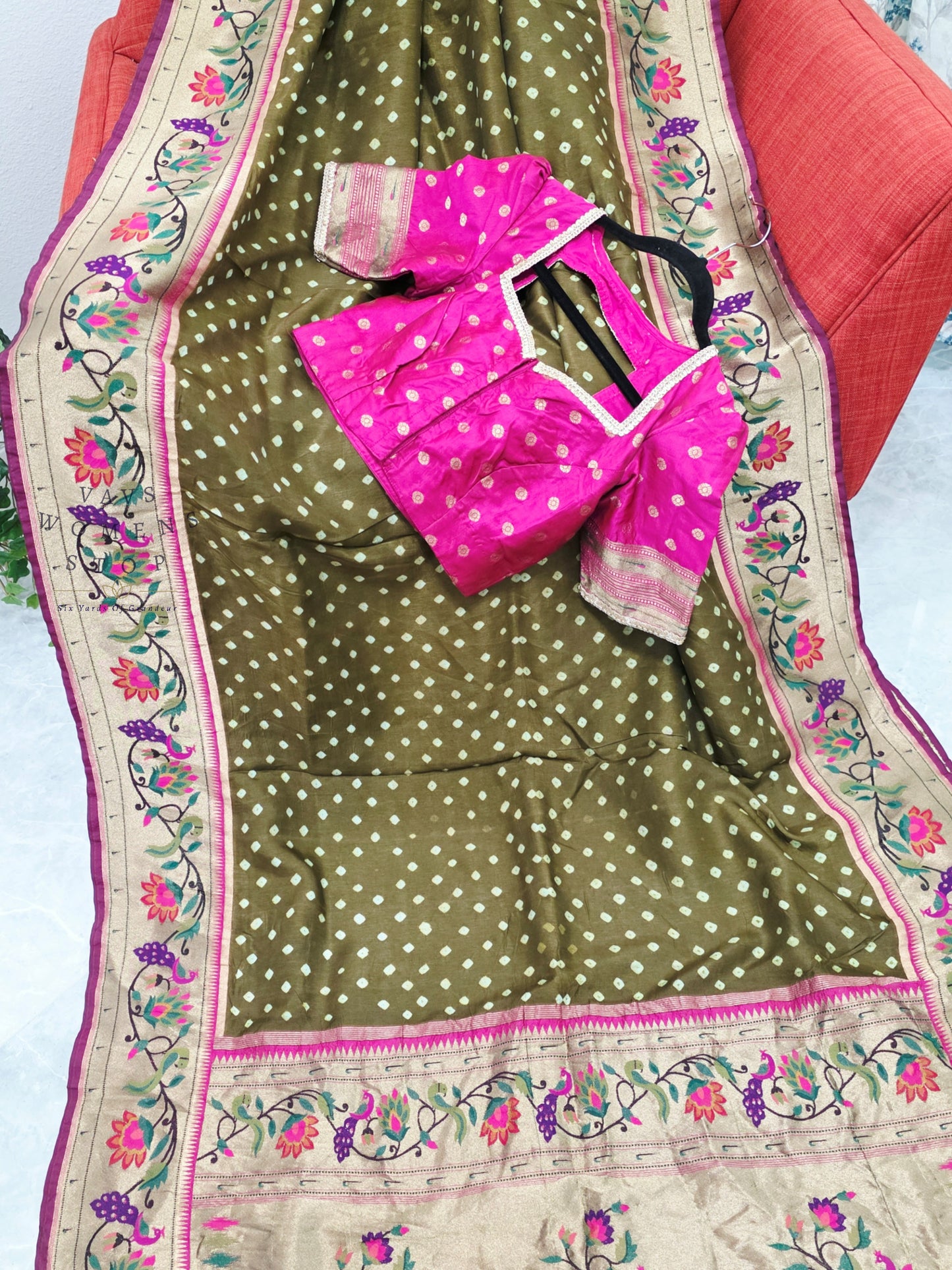 Royal Olive Moss Green Munga Silk Bandhani Saree with Paithani Pallu & Designer Blouse Size 36-42