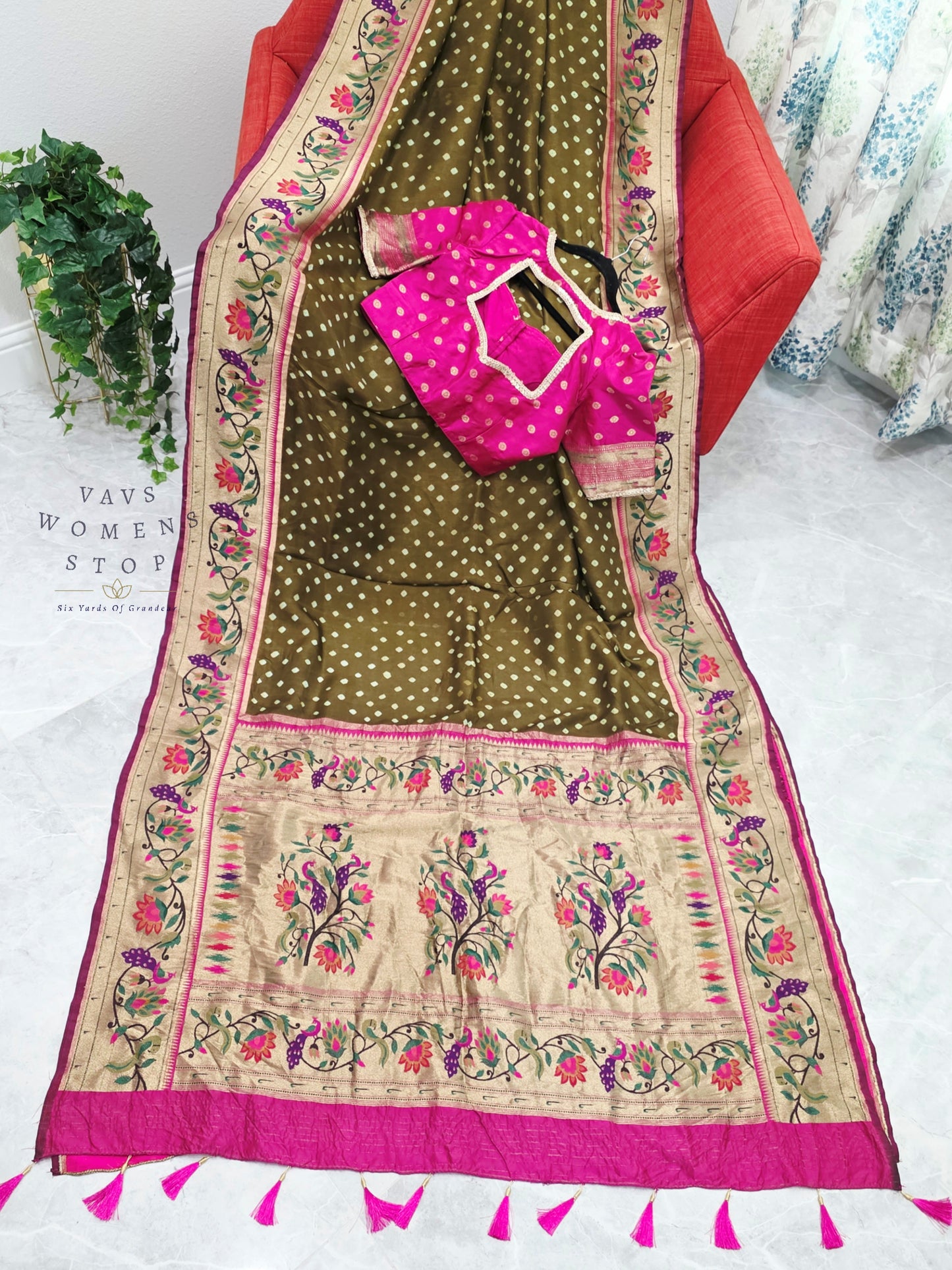Royal Olive Moss Green Munga Silk Bandhani Saree with Paithani Pallu & Designer Blouse Size 36-42