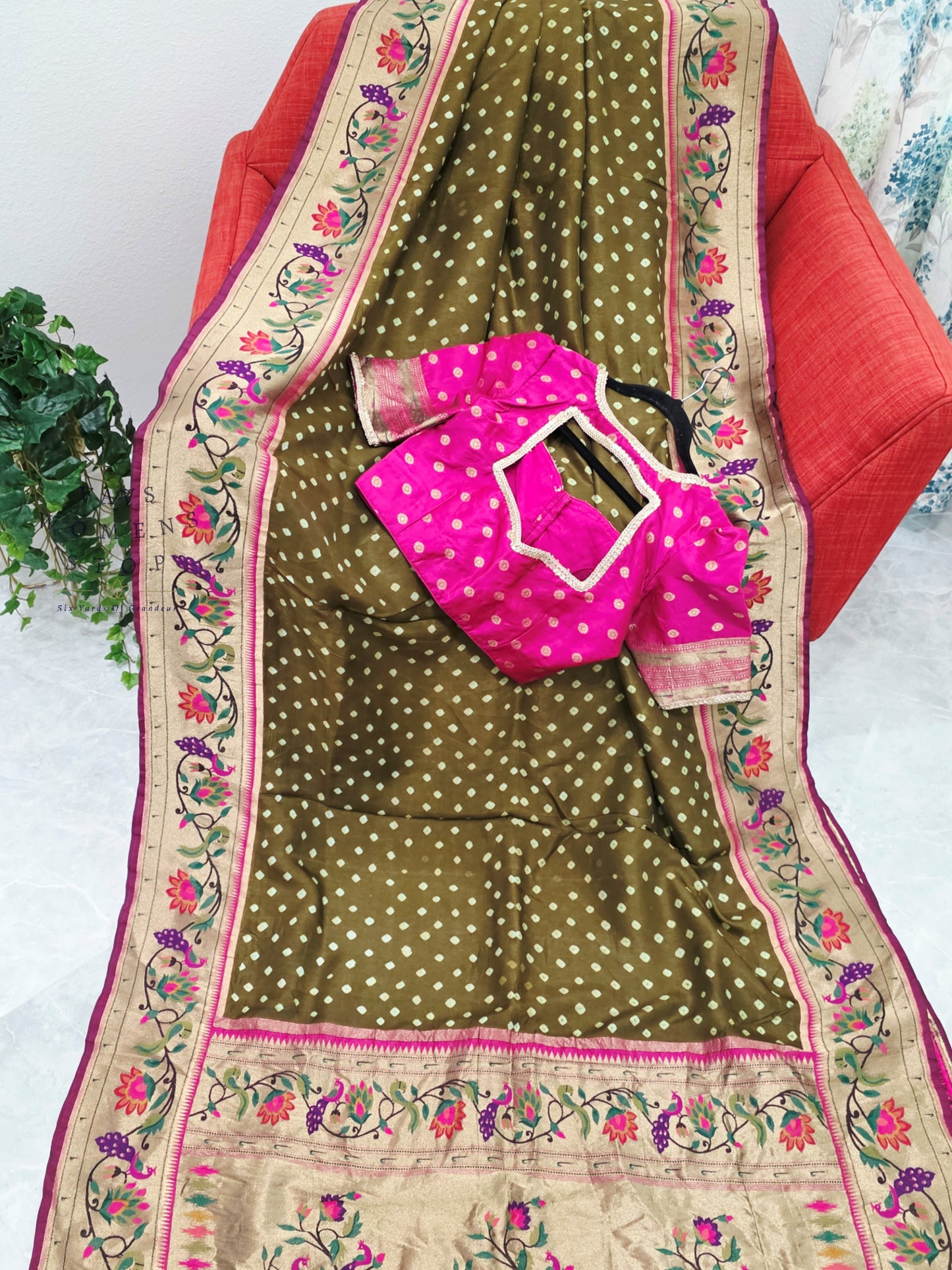 Royal Olive Moss Green Munga Silk Bandhani Saree with Paithani Pallu & Designer Blouse Size 36-42