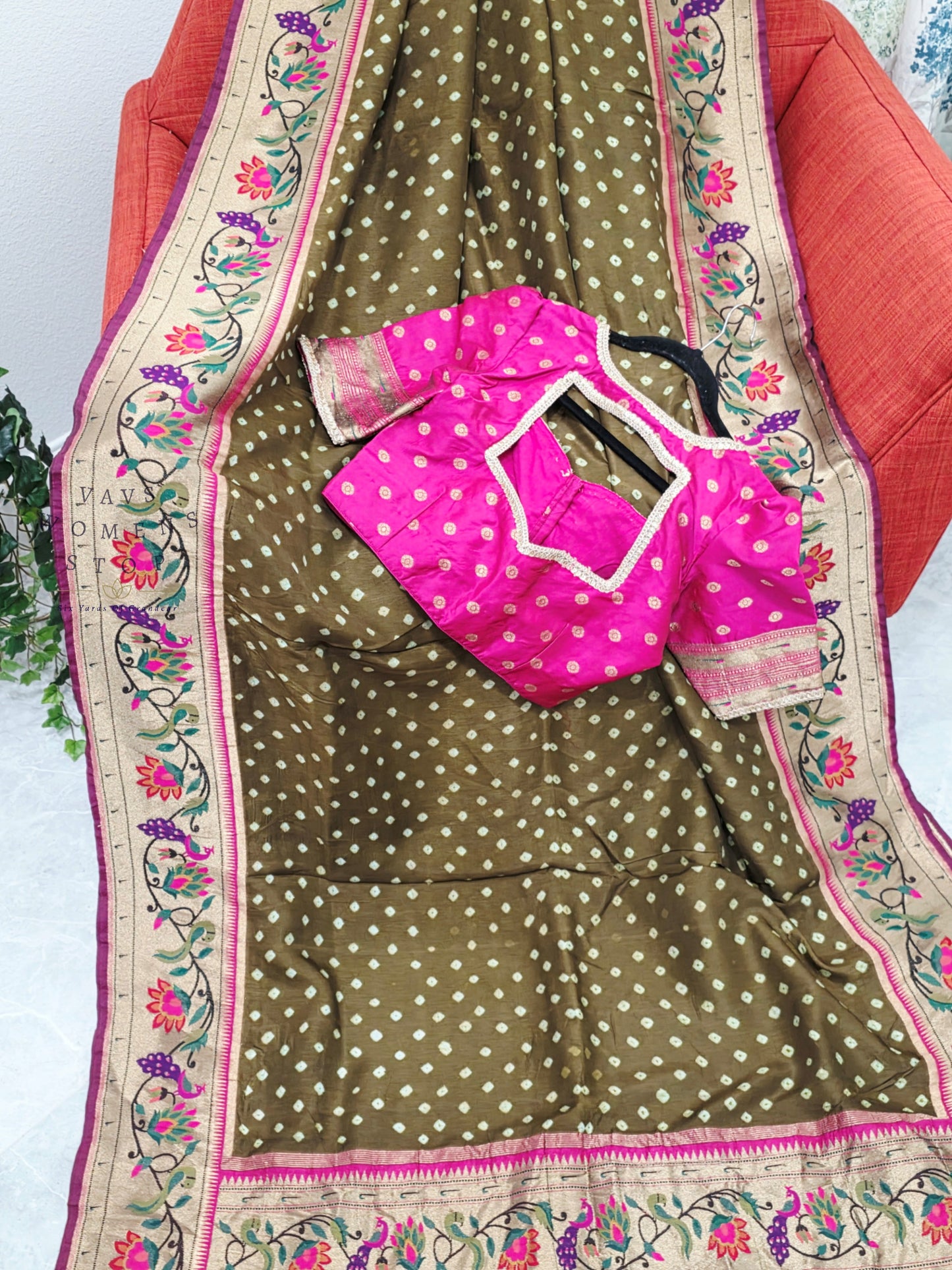Royal Olive Moss Green Munga Silk Bandhani Saree with Paithani Pallu & Designer Blouse Size 36-42