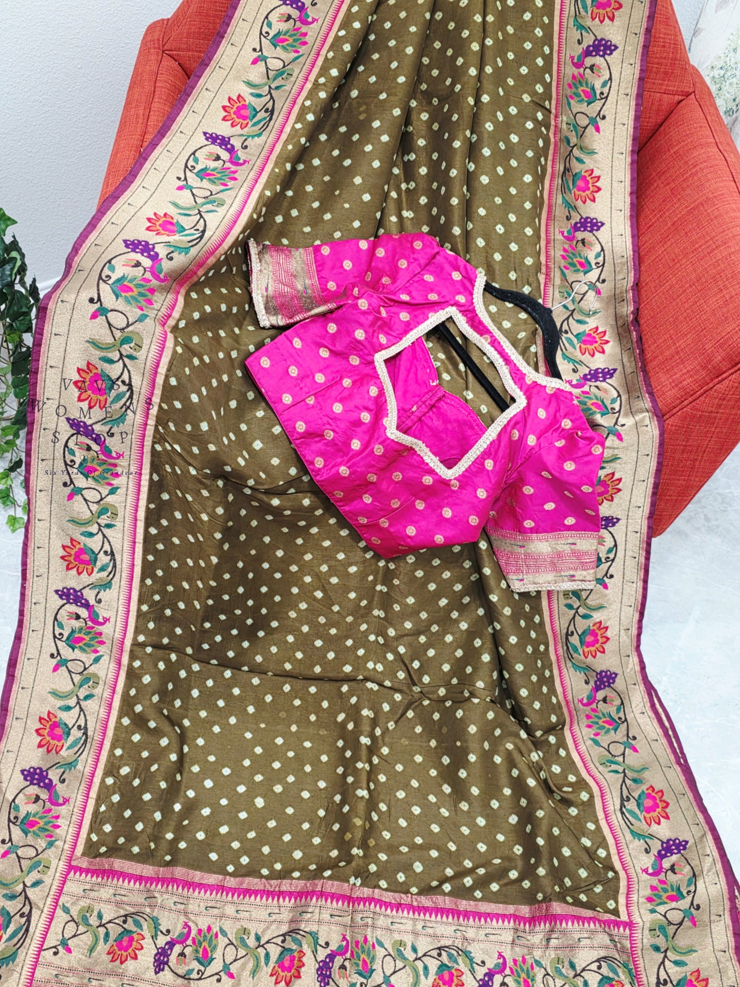 Royal Olive Moss Green Munga Silk Bandhani Saree with Paithani Pallu & Designer Blouse Size 36-42